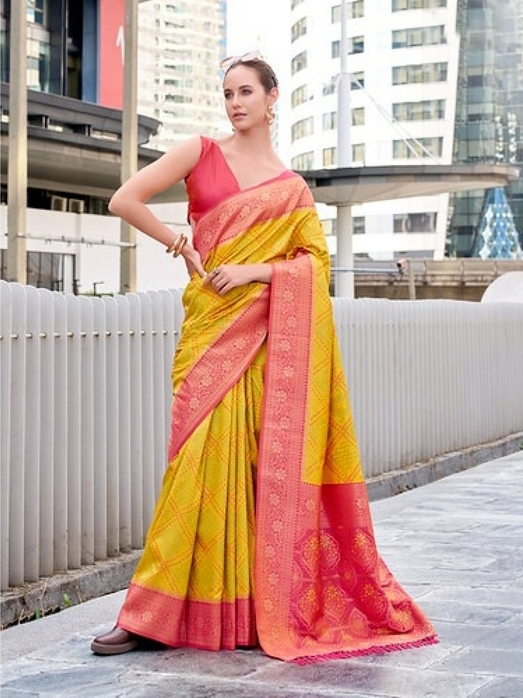 Soft Silk Party wear Saree In Yellow Color with Bandhani Weaving 
