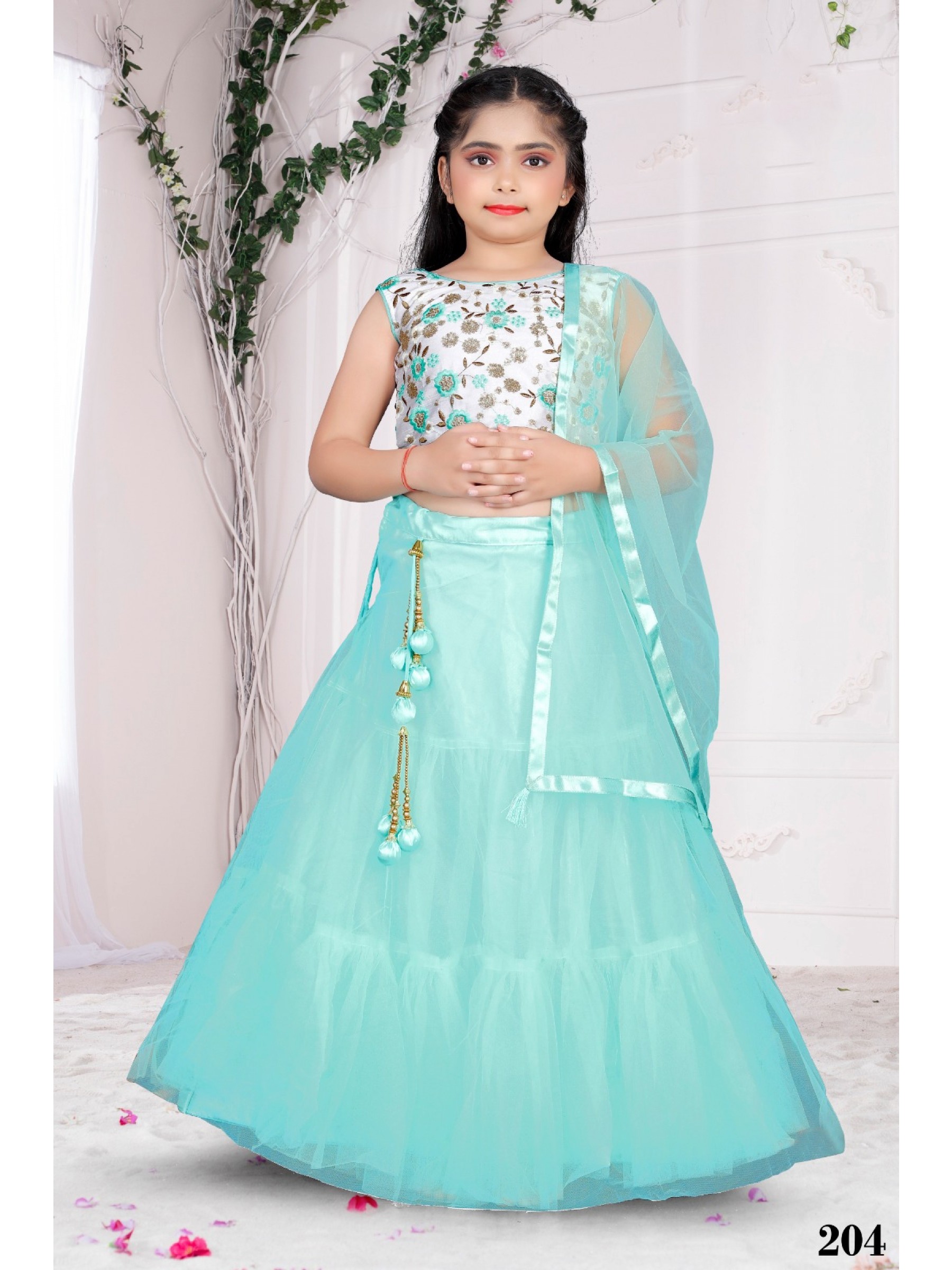 Soft Premium Net Party Wear Kids Lehenga In Blue With Embroidery Work 
