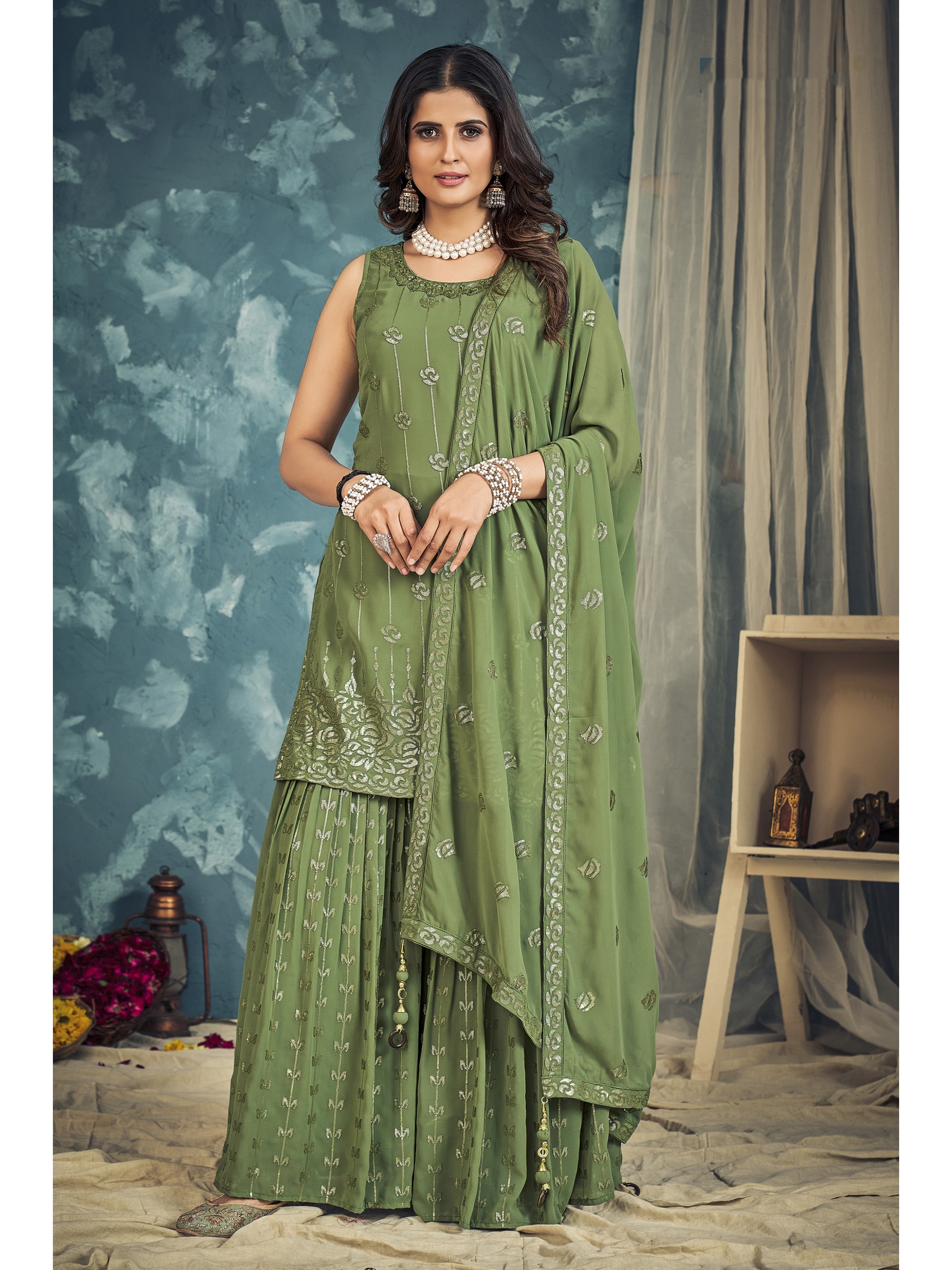Pure Georgette Party Wear Sharara In Green With Embroidery Work 