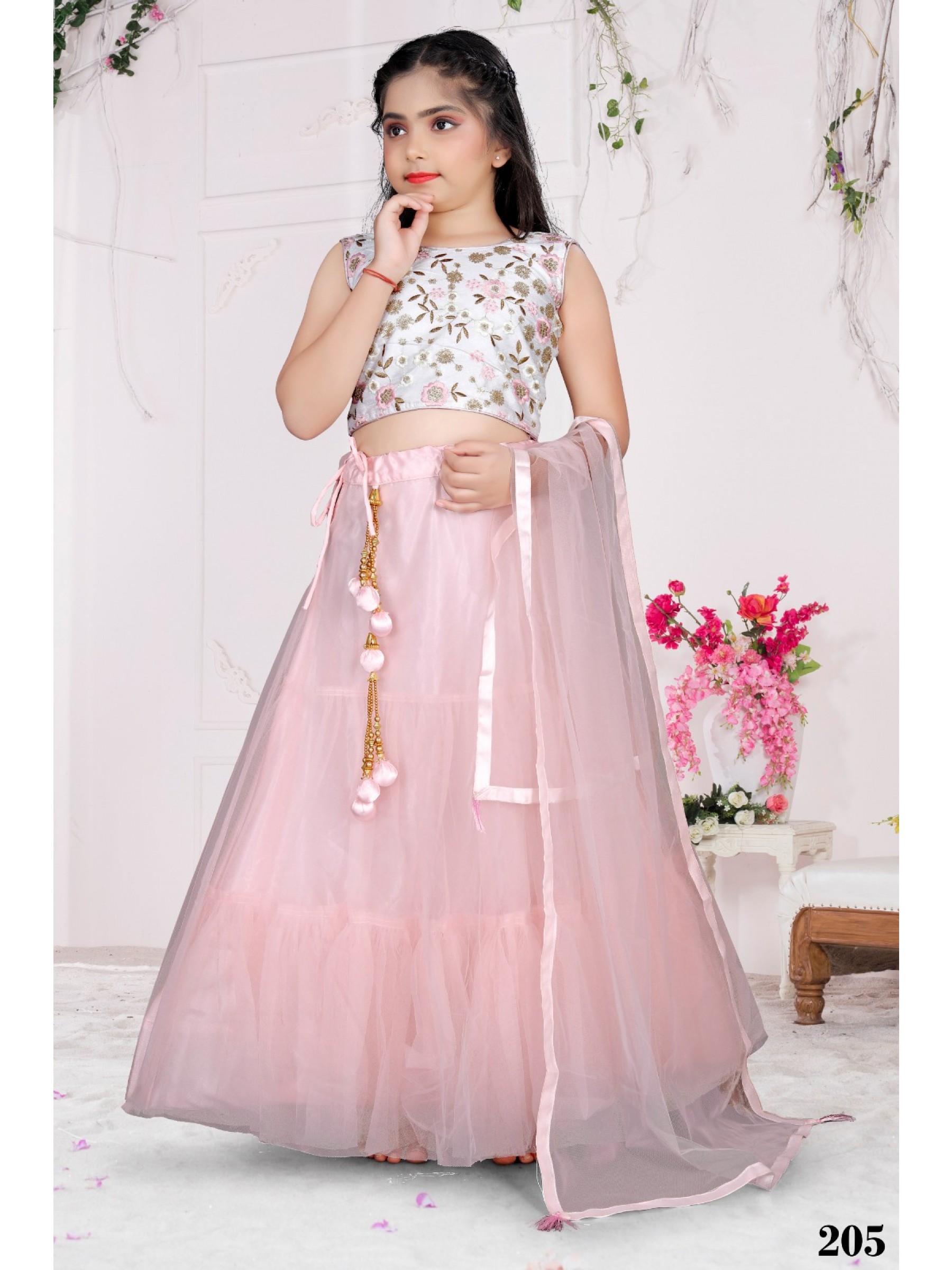 Soft Premium Net Party Wear Kids Lehenga In Pink With Embroidery Work 