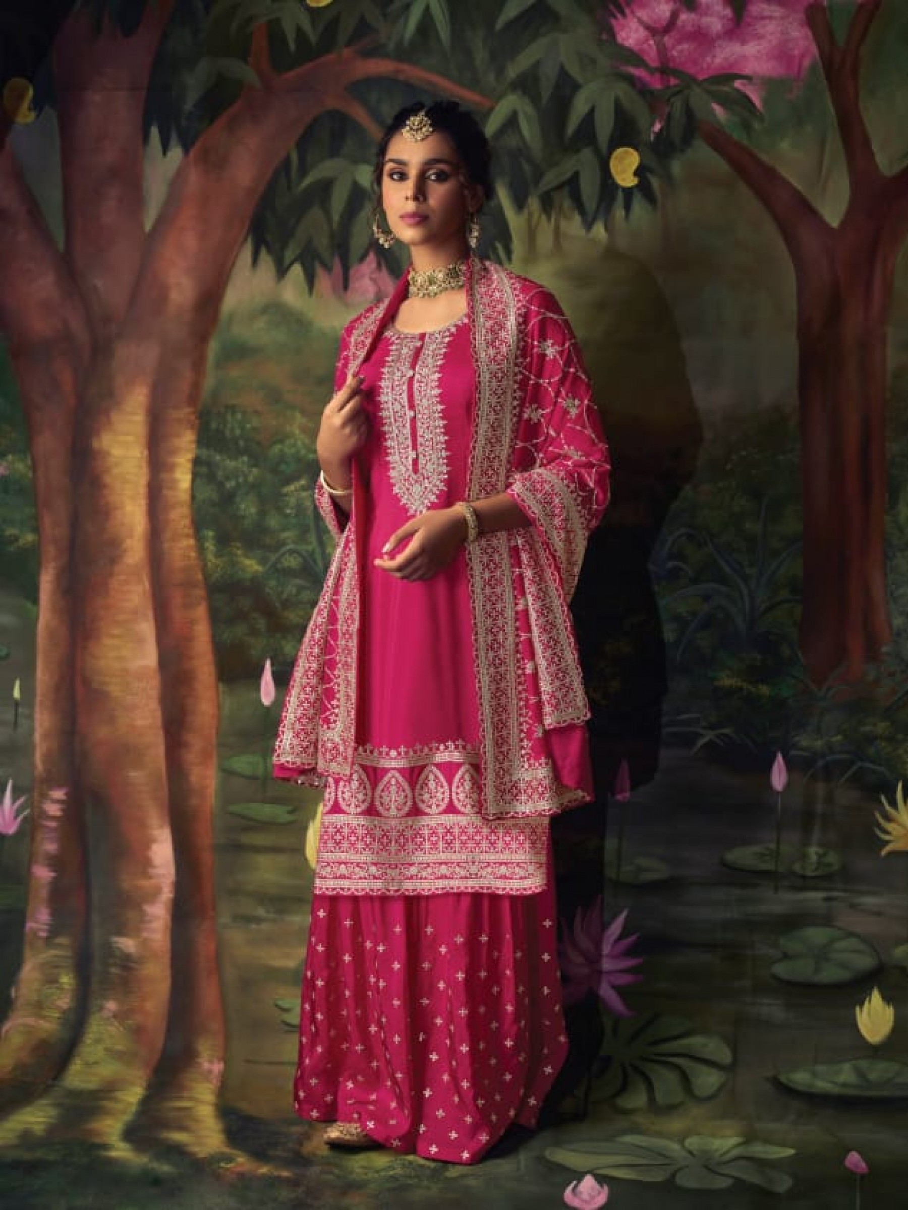 Soft Silk Party Wear Sharara Pink  Color with  Embroidery Work