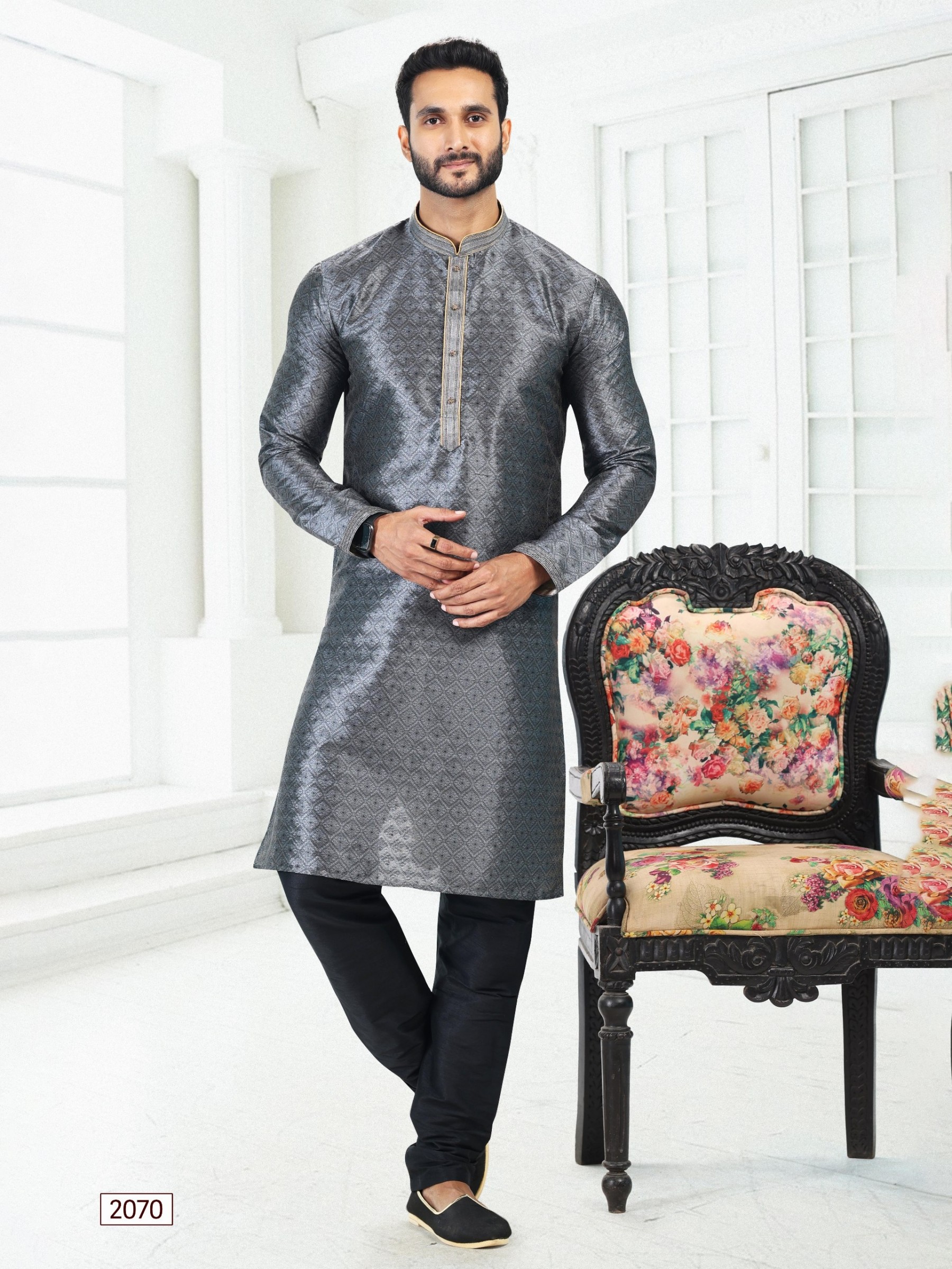 Banarasi Silk Readymade Kurta in Grey Color With Digital Print 