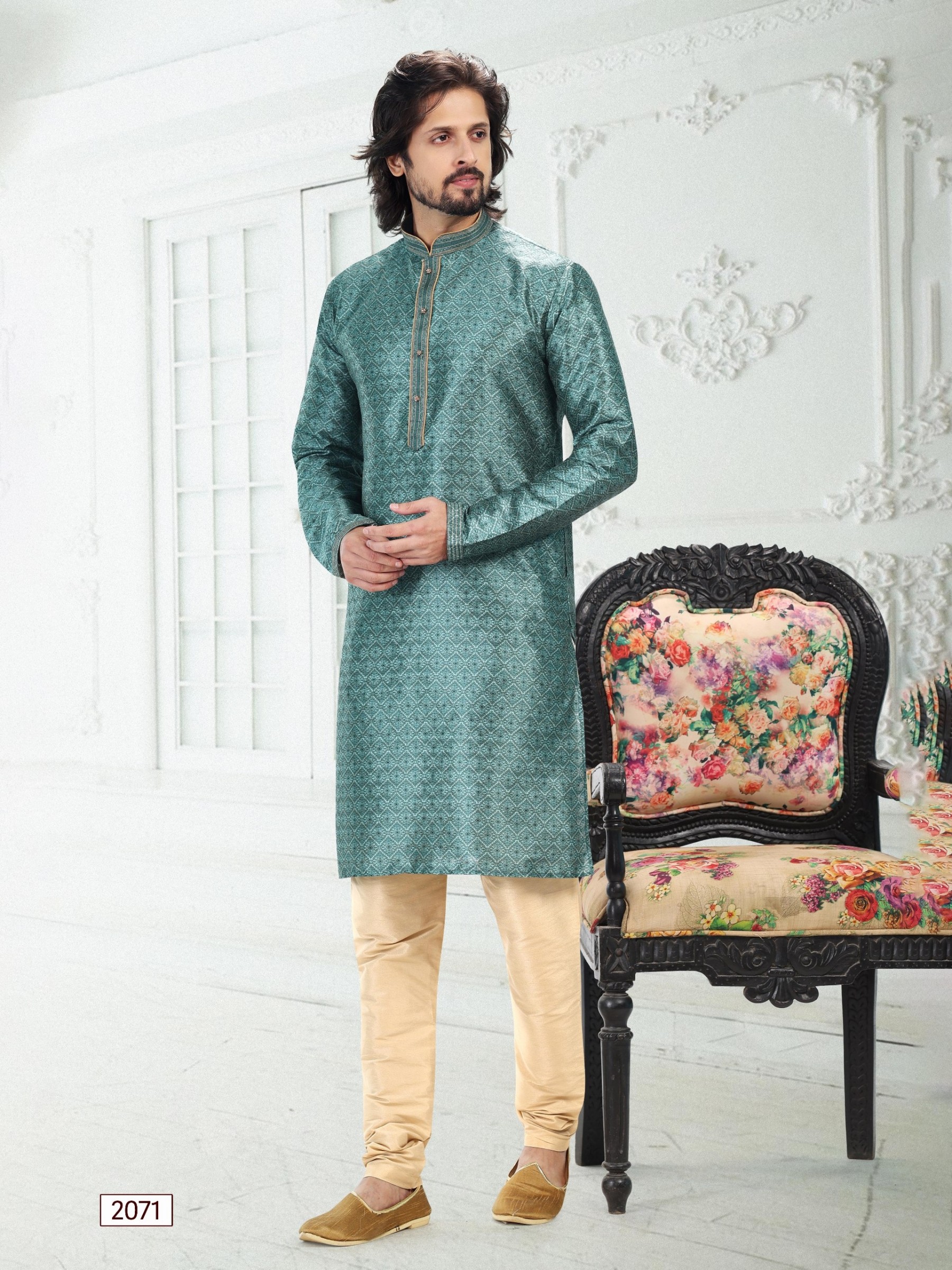 Banarasi Silk Readymade Kurta in Teal Green Color With Digital Print 