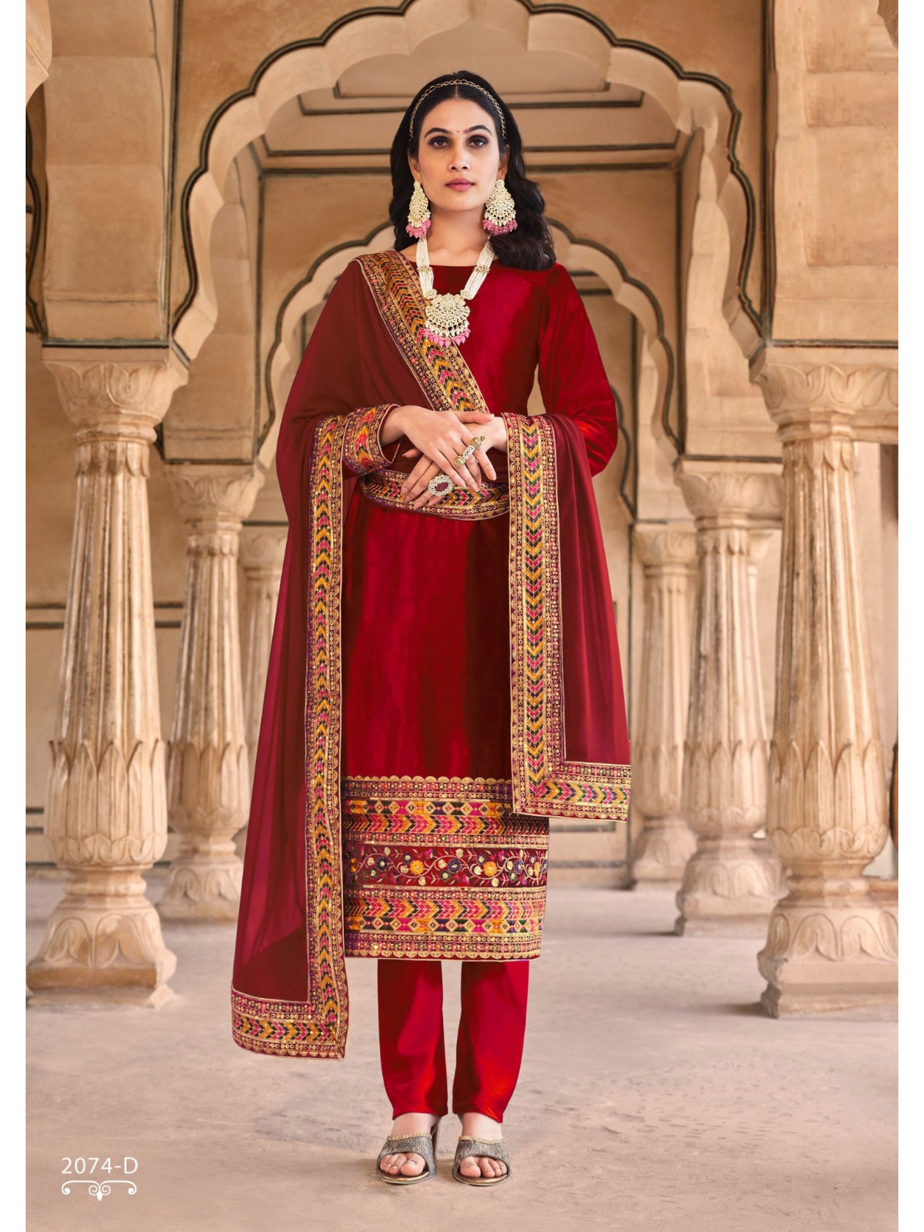 Velvet Party Wear  Suit  in Red Color with  Embroidery Work