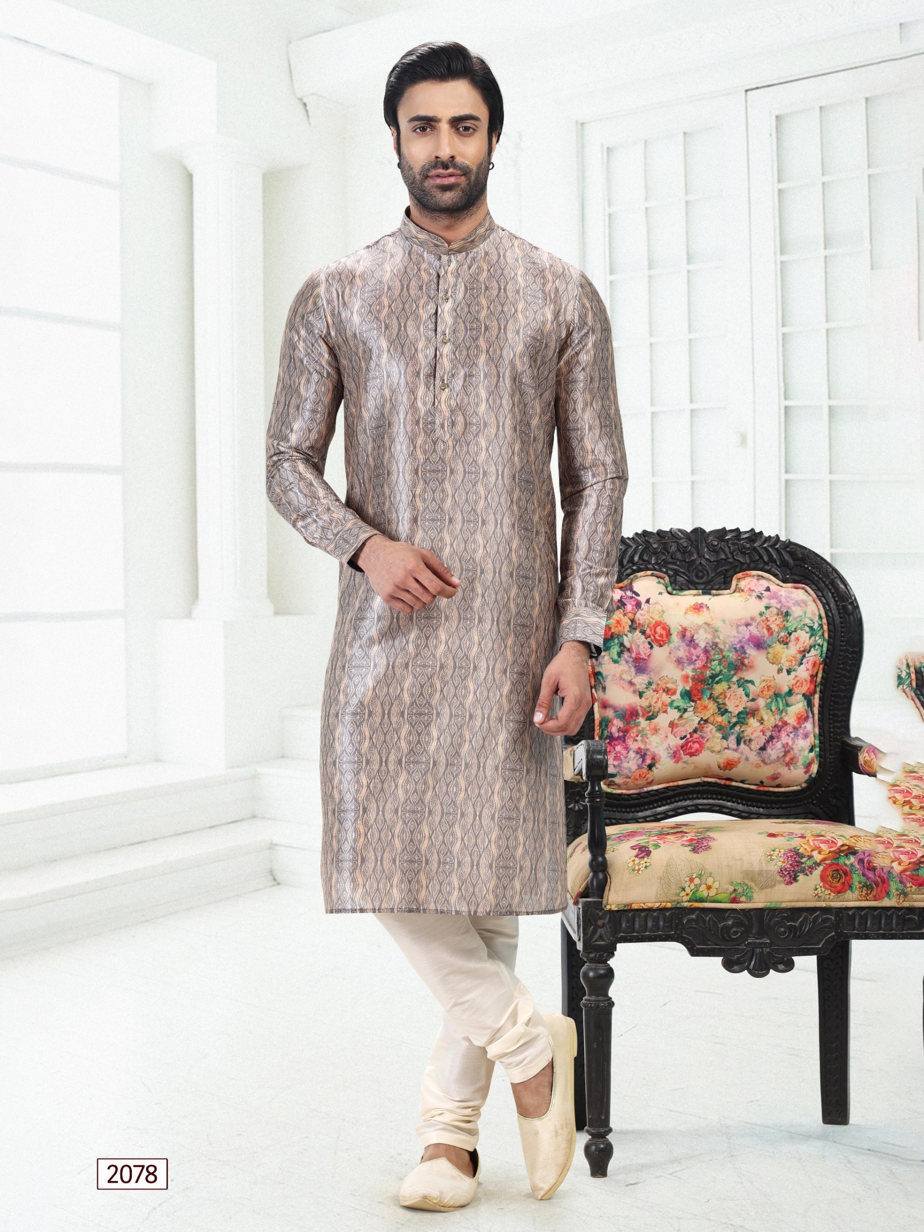 Banarasi Silk Readymade Kurta in Cream Grey Color With Digital Print 