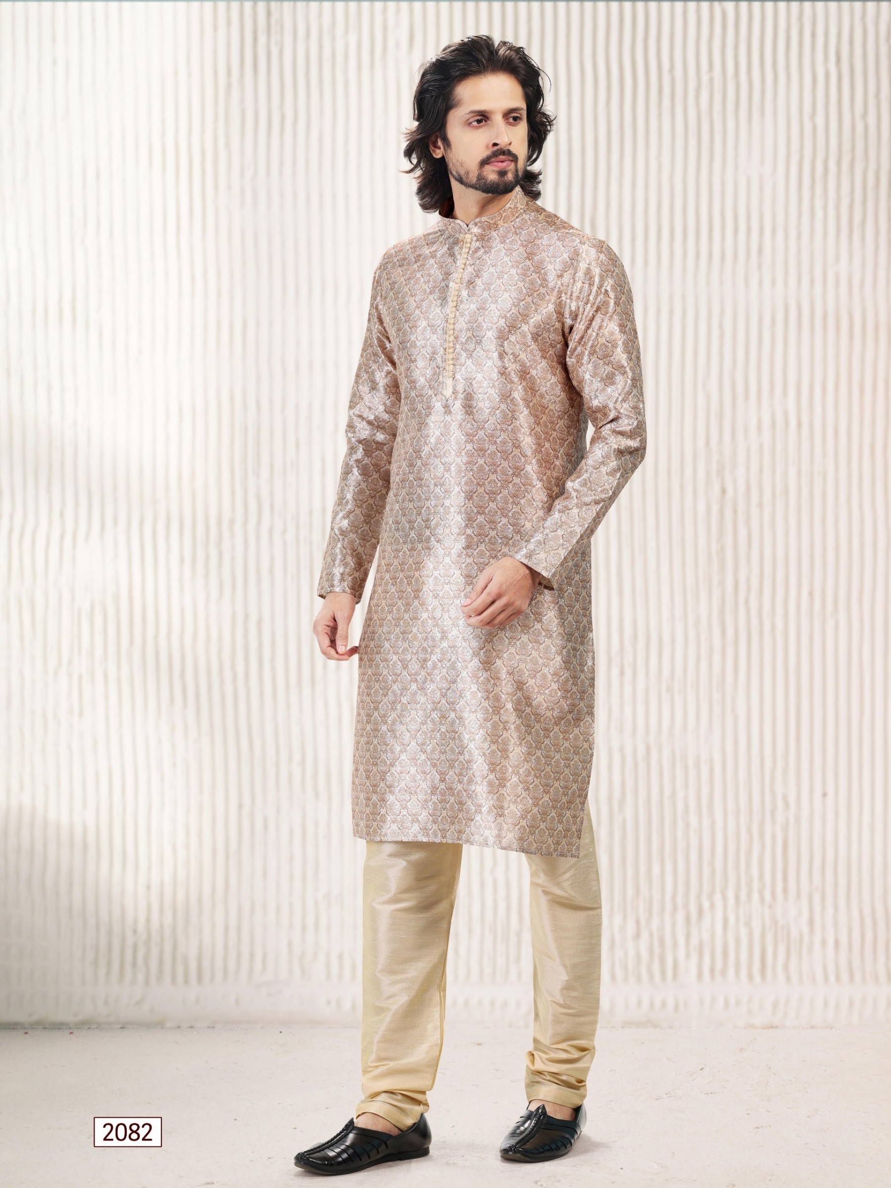 Jaquard Banarasi Silk Readymade Kurta in Beige Color 