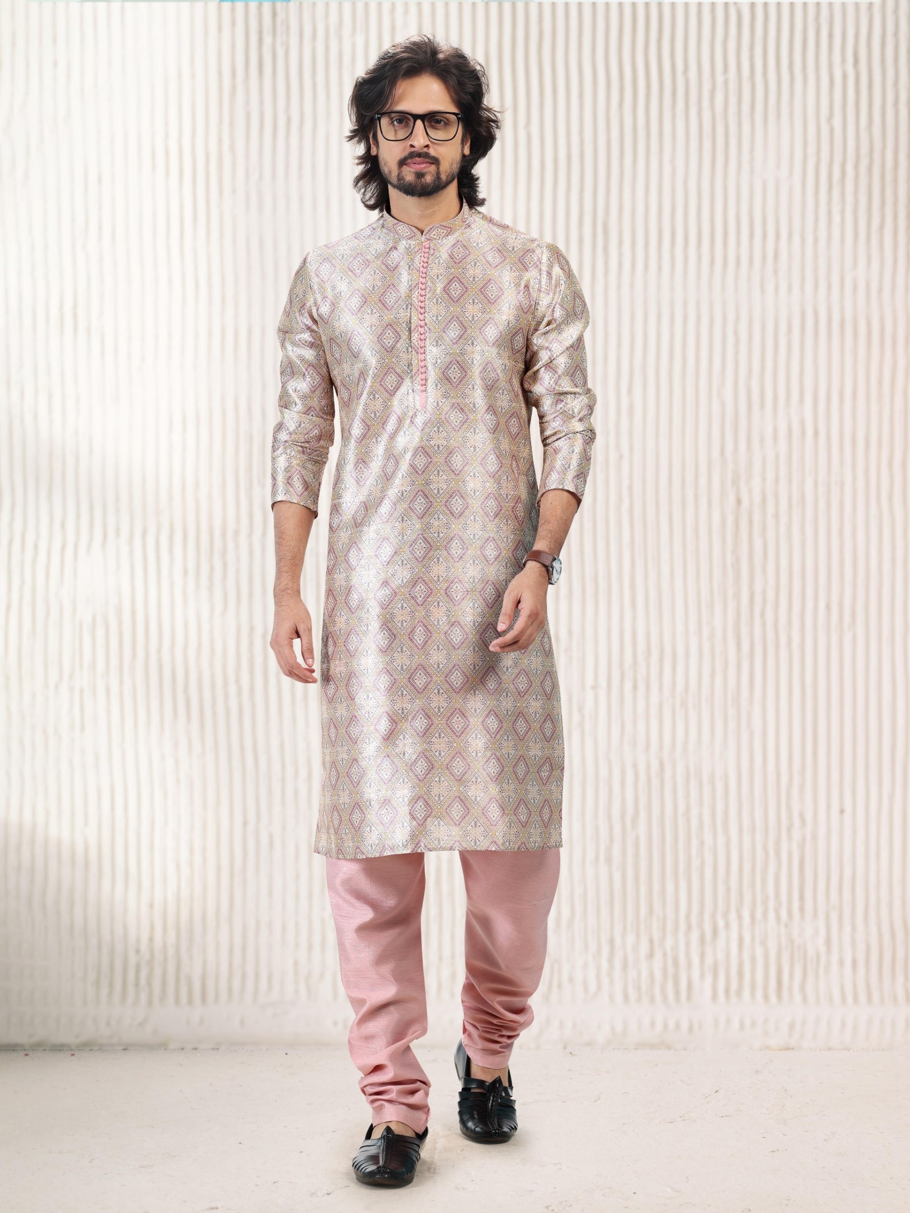 Jaquard Banarasi Silk Readymade Kurta in Cream Peach Green Color 