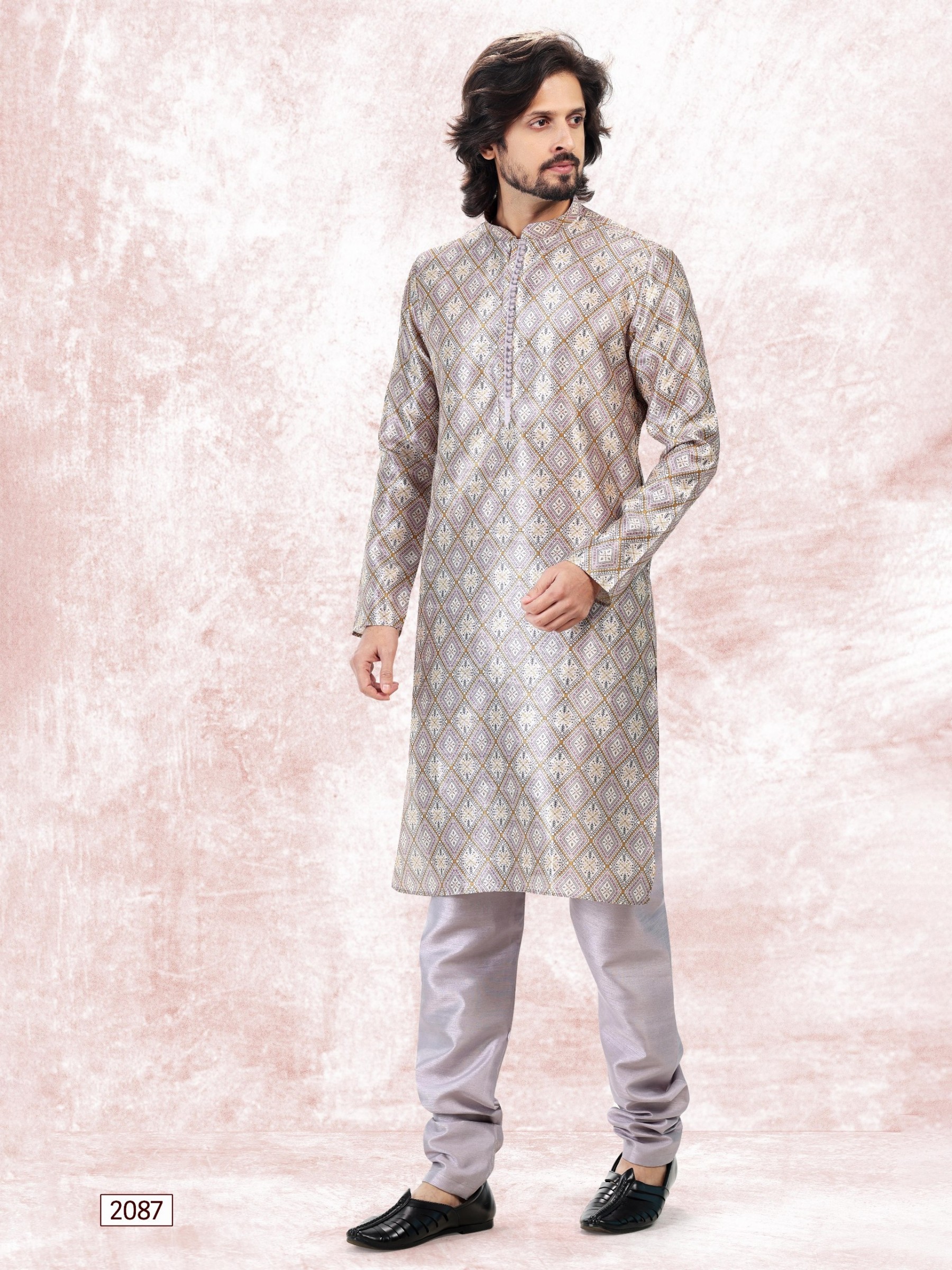 Jaquard Banarasi Silk Readymade Kurta in Cream Purple Green Color 