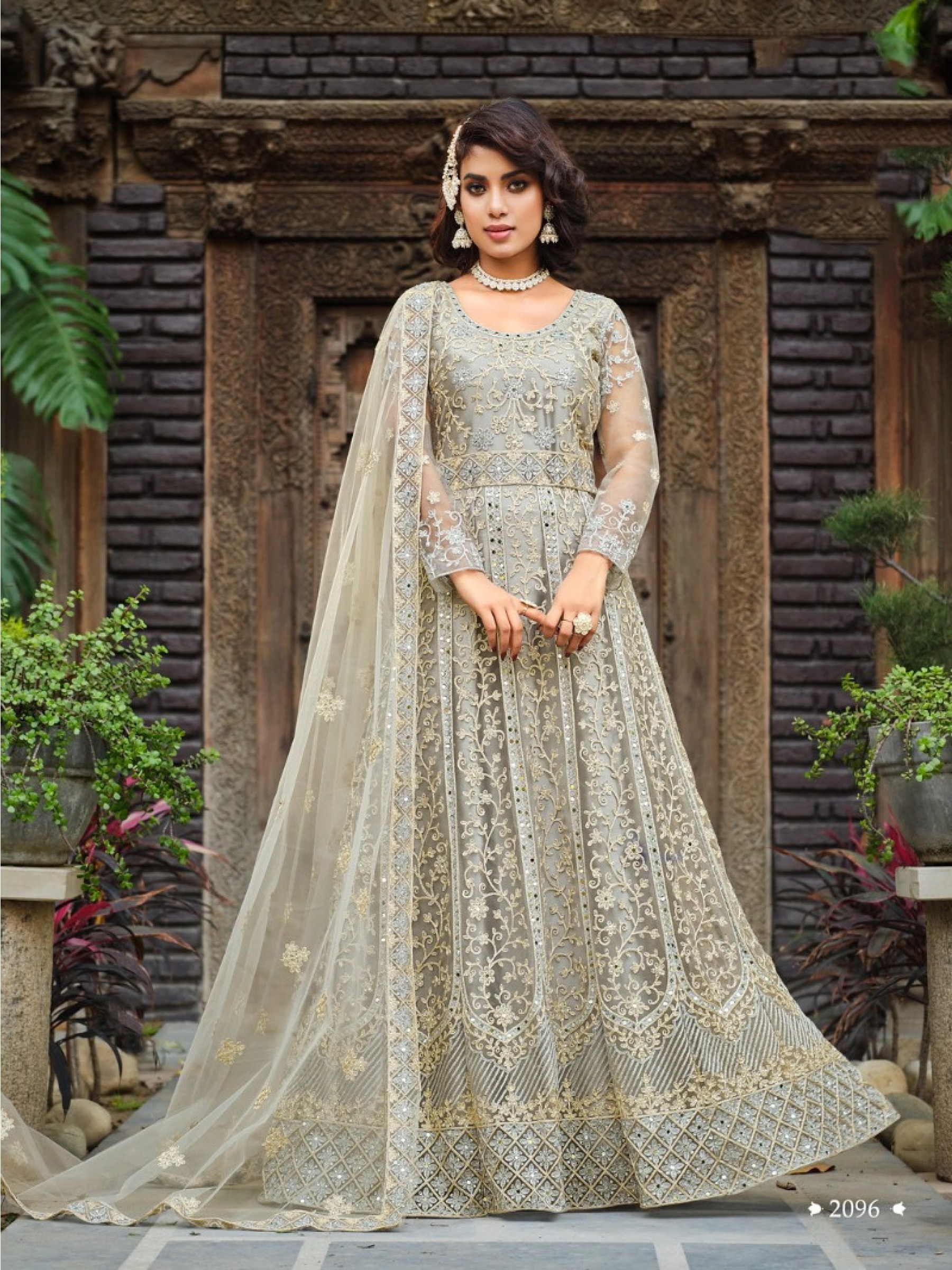 Butterfly Net Fabrics Party Wear  Gown In Grey Color With Embroidery Work