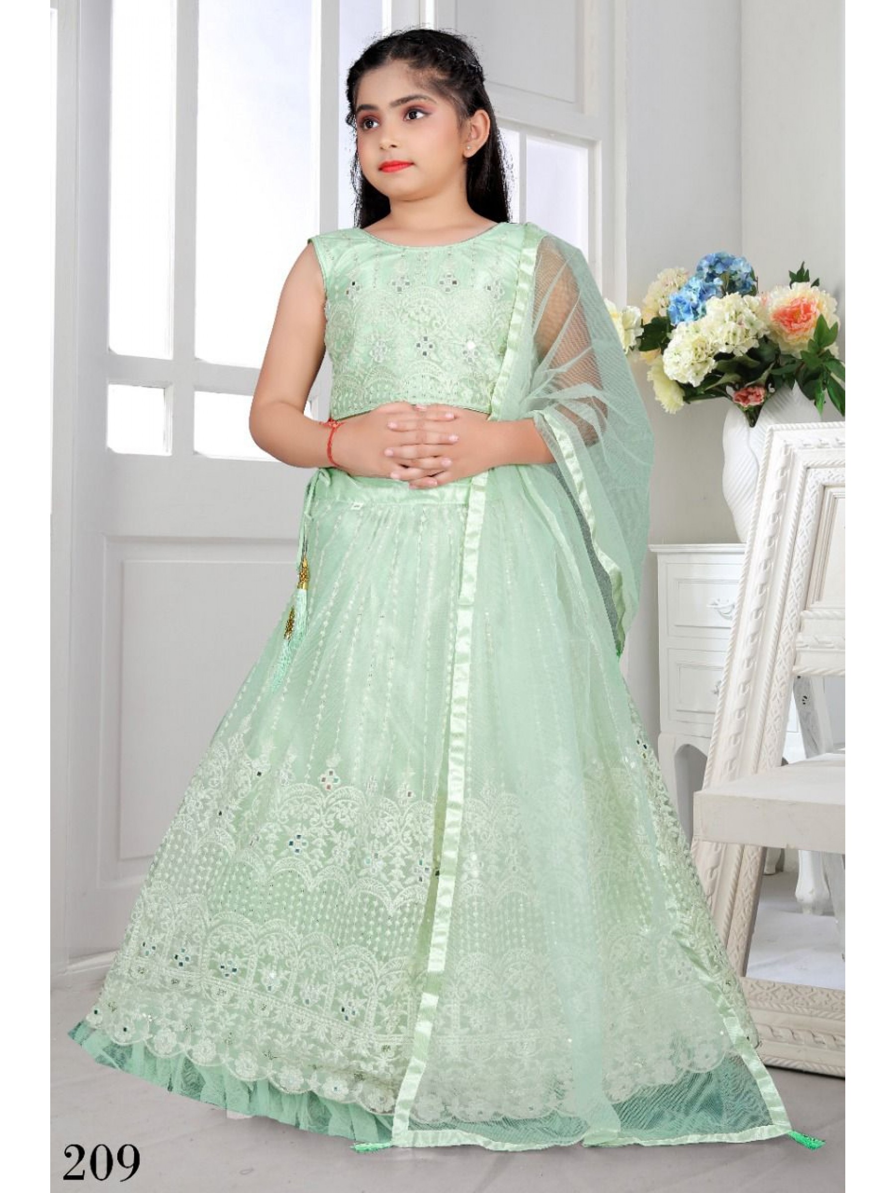 Soft Premium Net  Party Wear Kids Sharara In Green  With Embroidery Work 