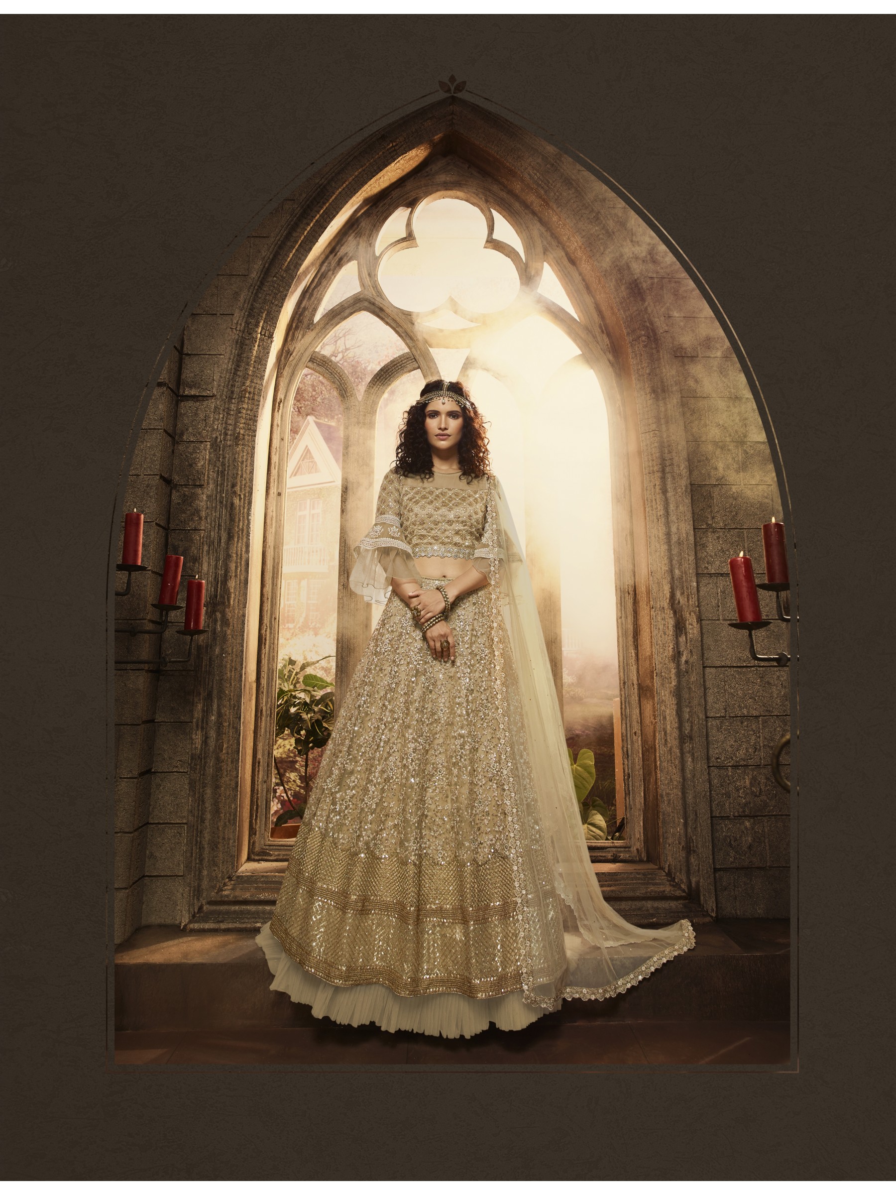 Soft Premium Net Bridal Wear Lahenga In Gold Embroidery Work 