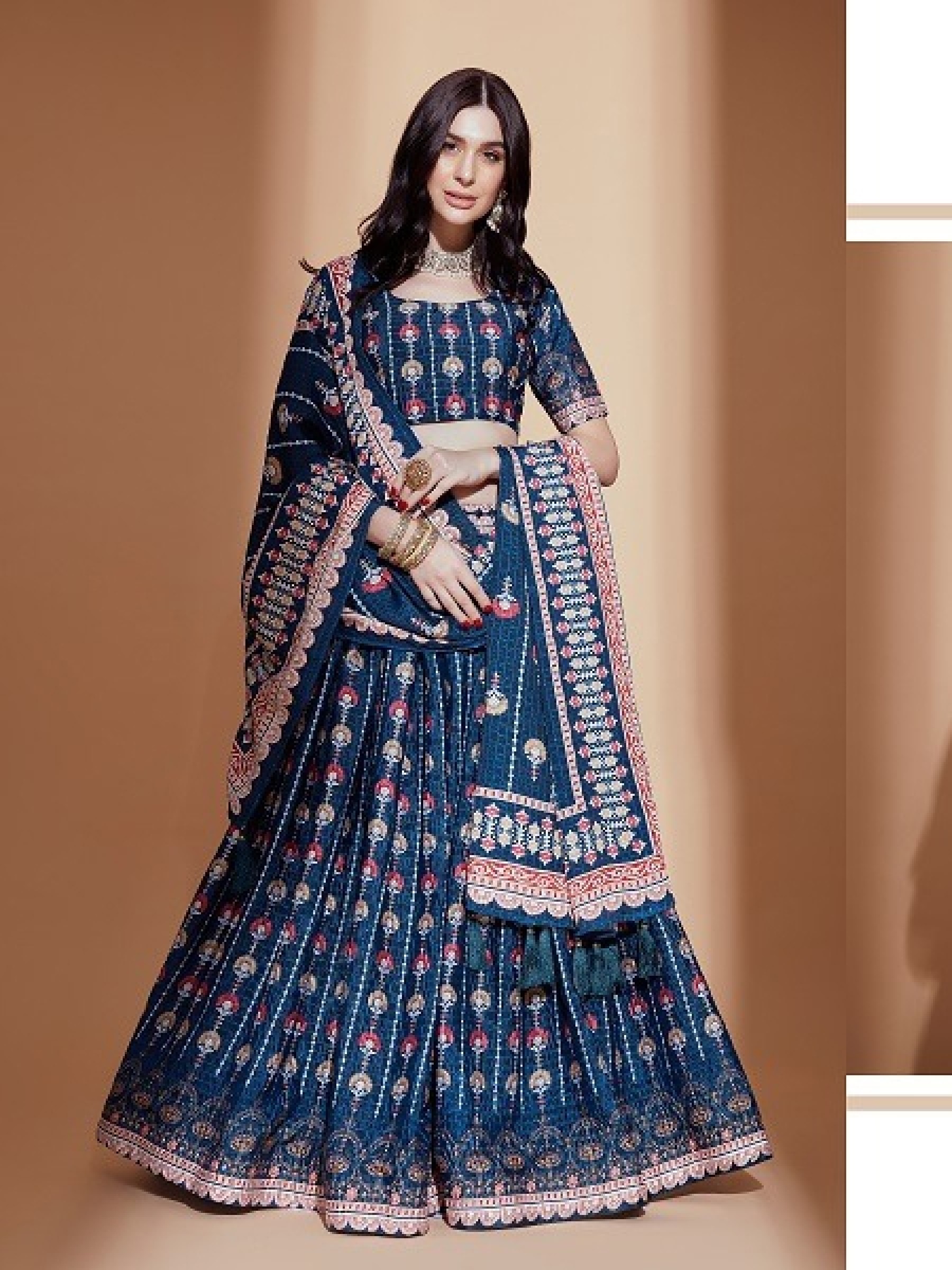 Chinon Silk Party Wear Lehenga in Blue Color With Digital Print work