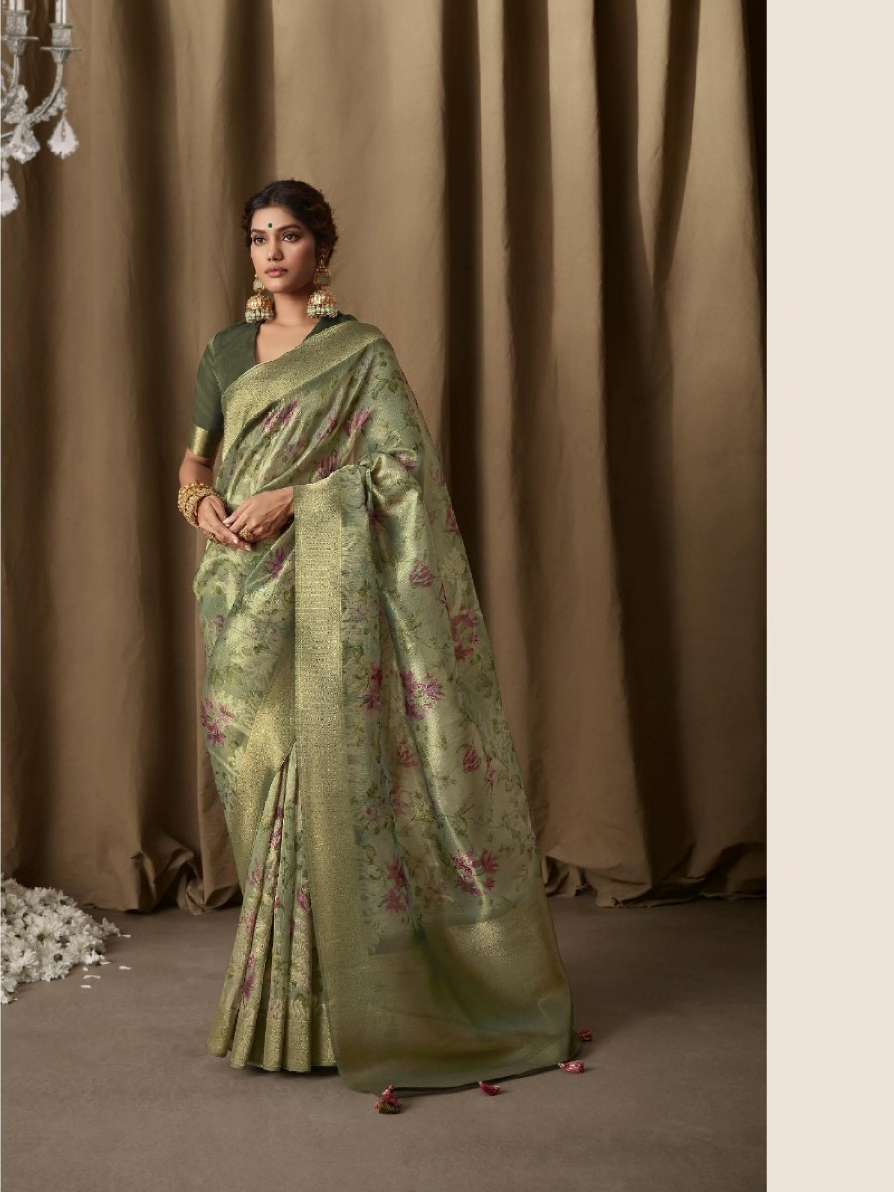 Banarasi Tissue Jacquard  Party Wear Saree Green Color 