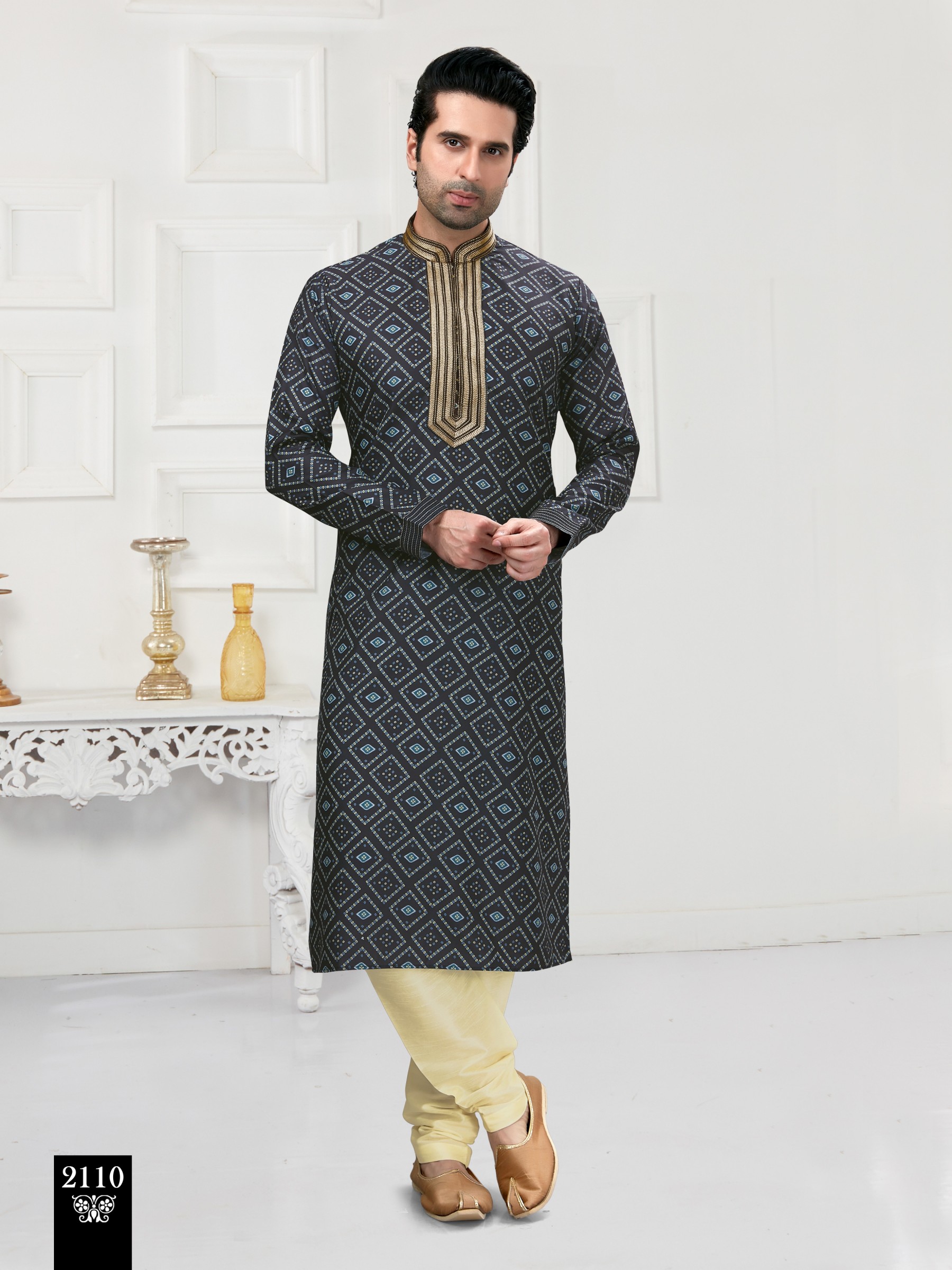 Cotton Silk Printed Readymade Kurta set in Navy Blue 
