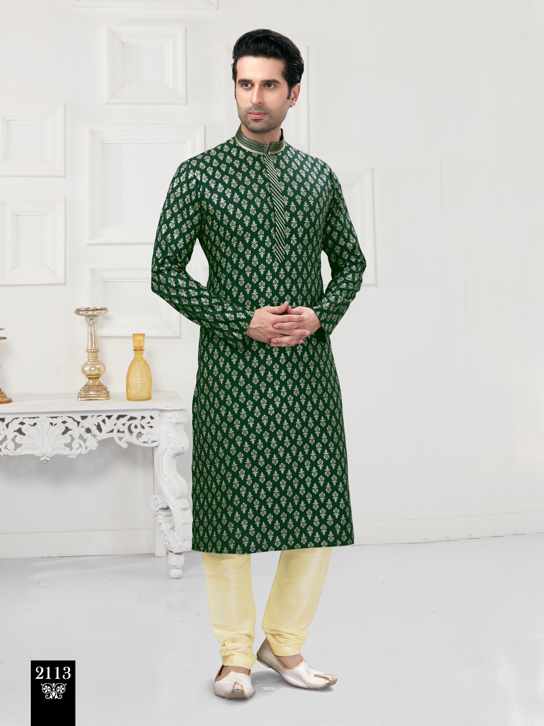 Cotton Silk Printed Readymade Kurta set in Green