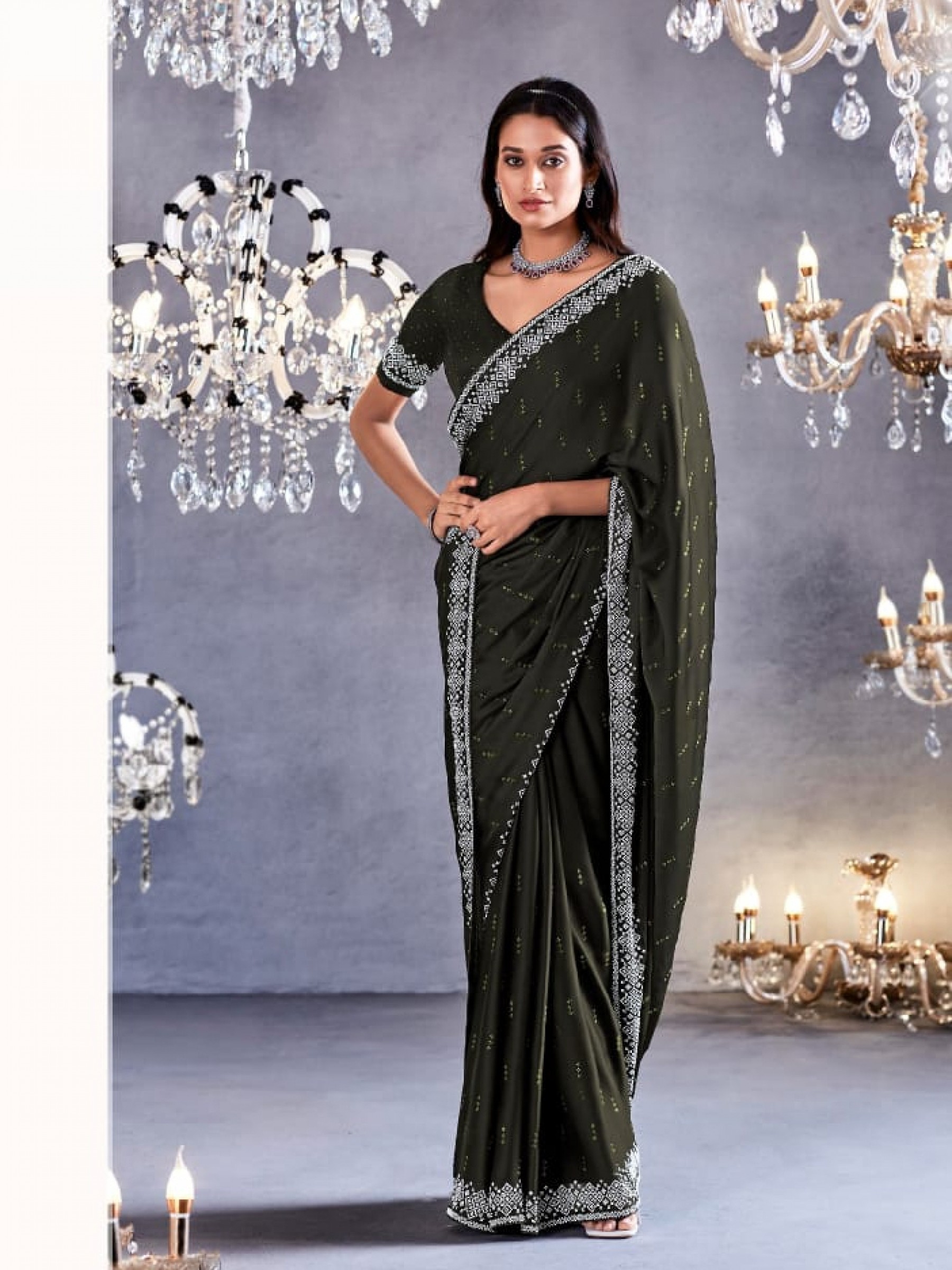  Pure Silk Saree In Black Color With Stone  Work