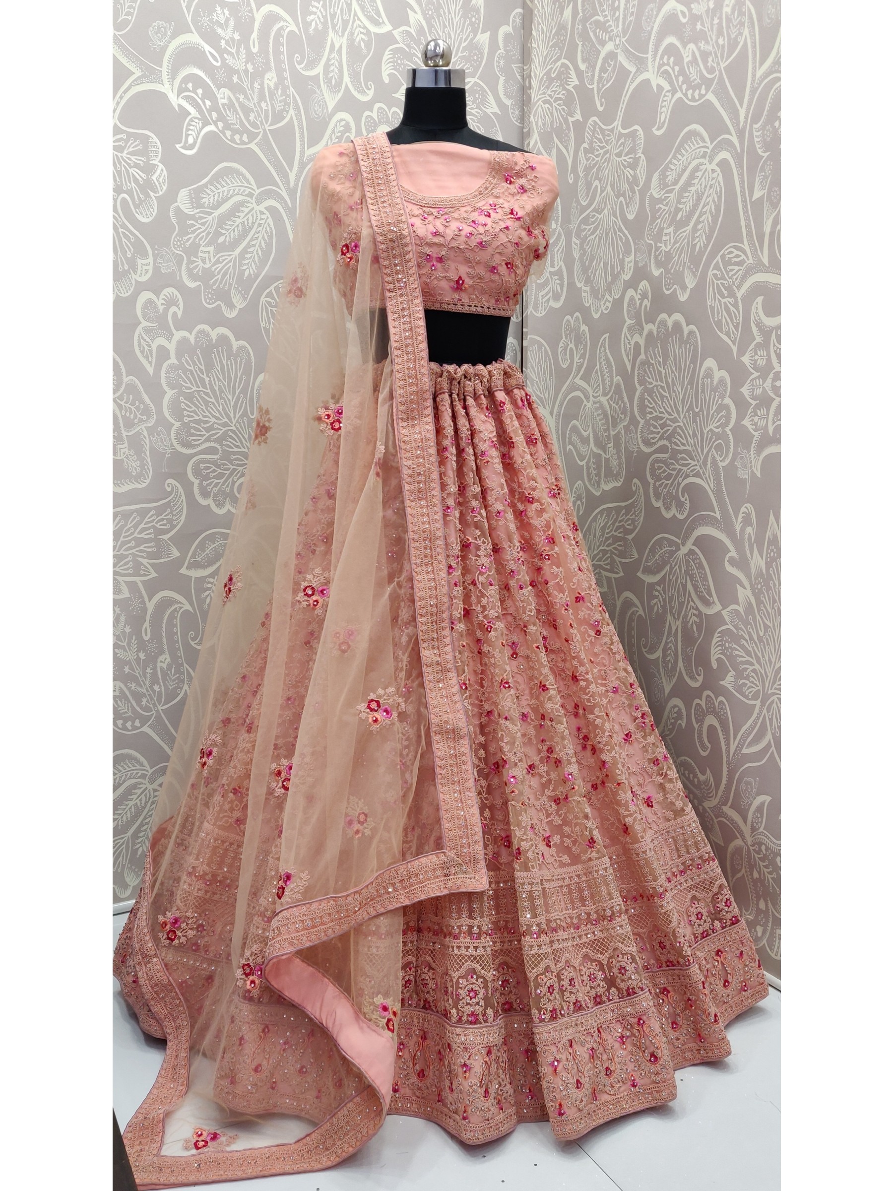 Soft Premium Net  Wedding Wear Lehenga In Pink With Embroidery Work