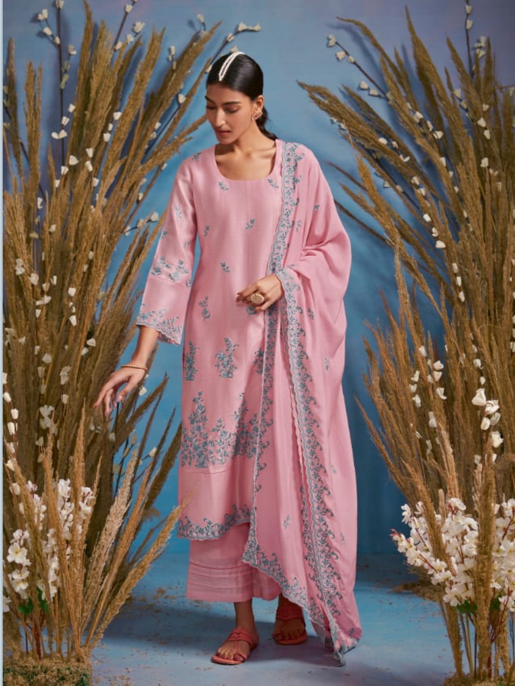 Cotton Sateen Party Wear  Suit  in Pink Color with  Embroidery Work
