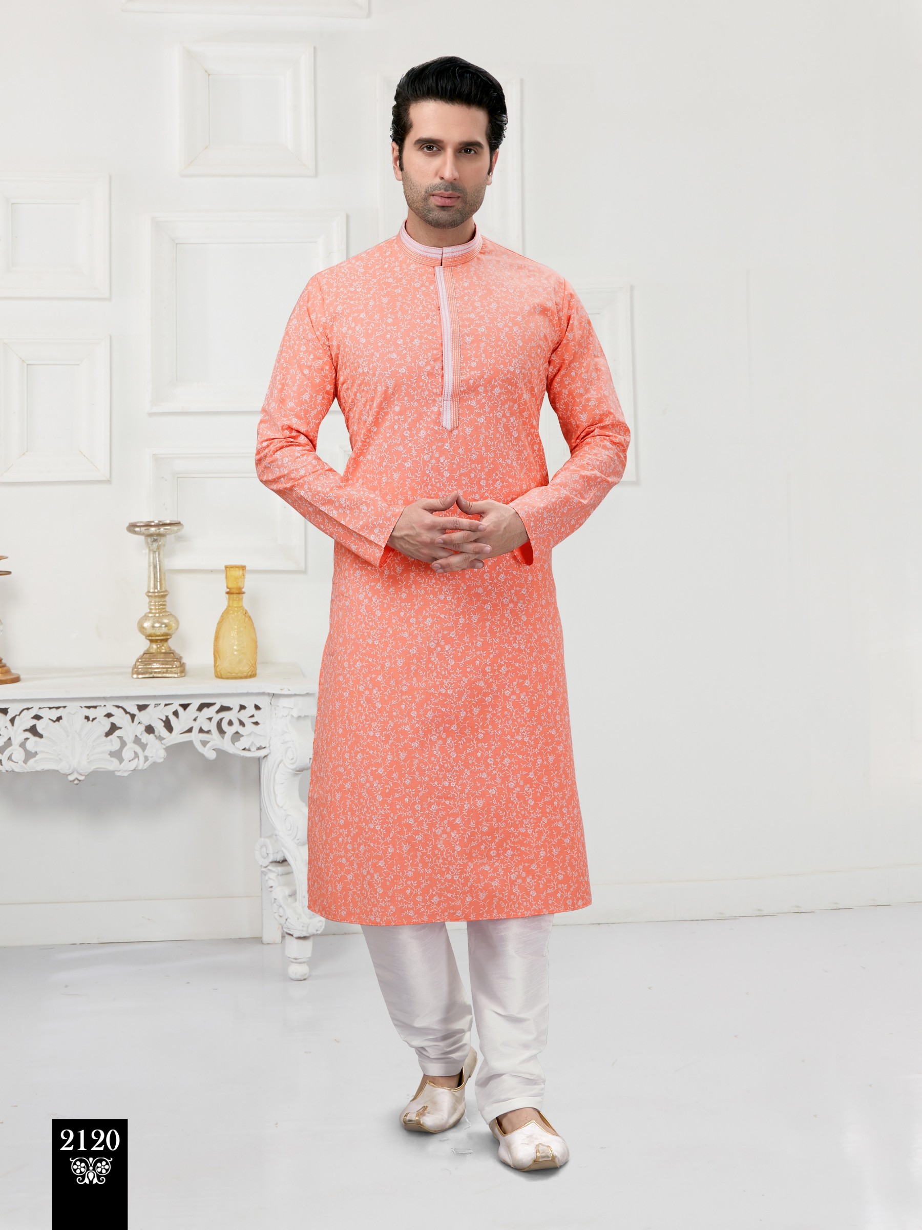 Cotton Silk Printed Readymade Kurta set in Pink Peach 