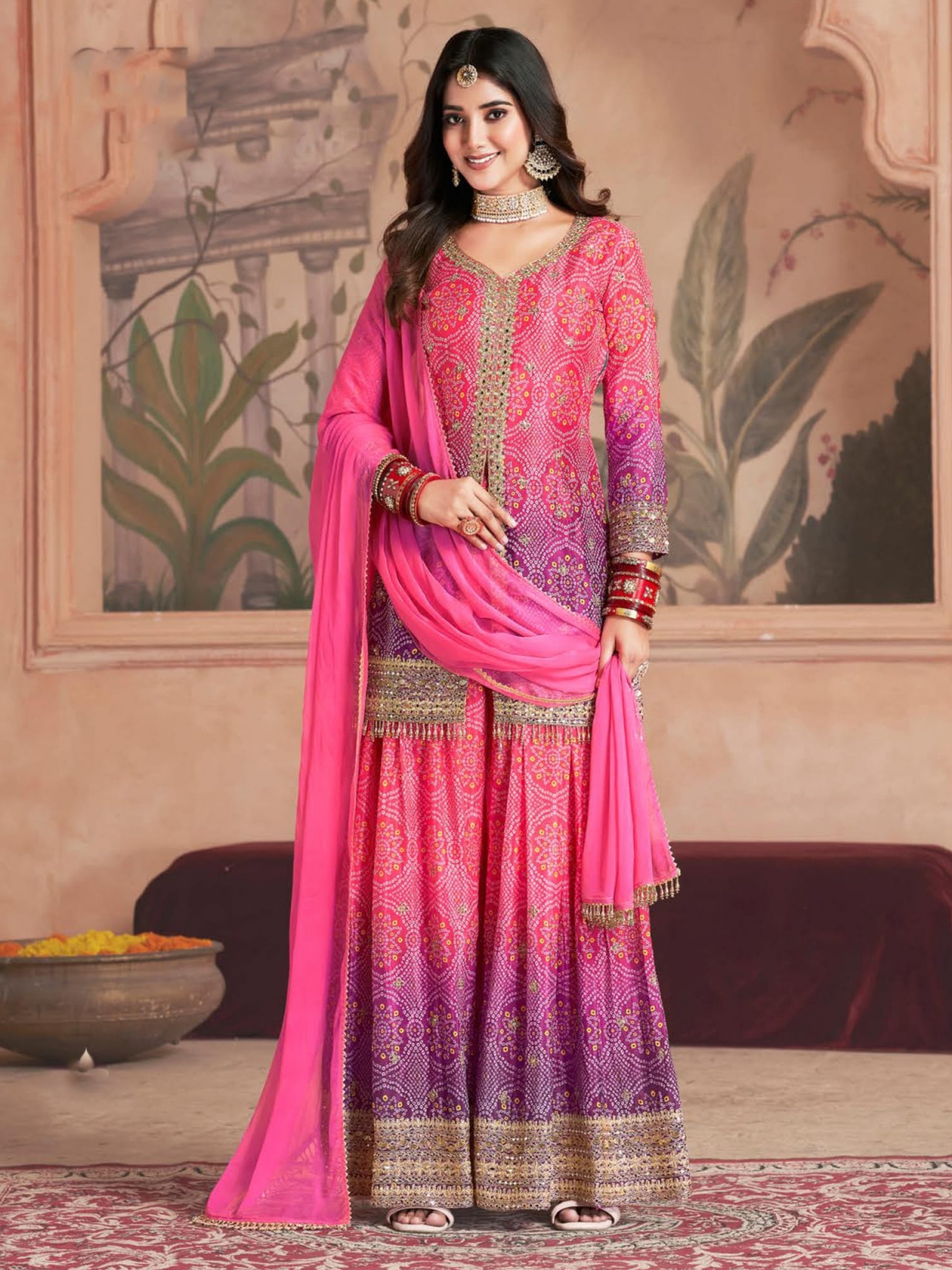 Premium Real Chinon Silk Party Wear Sharara Suit Pink Color with Embroidery Work