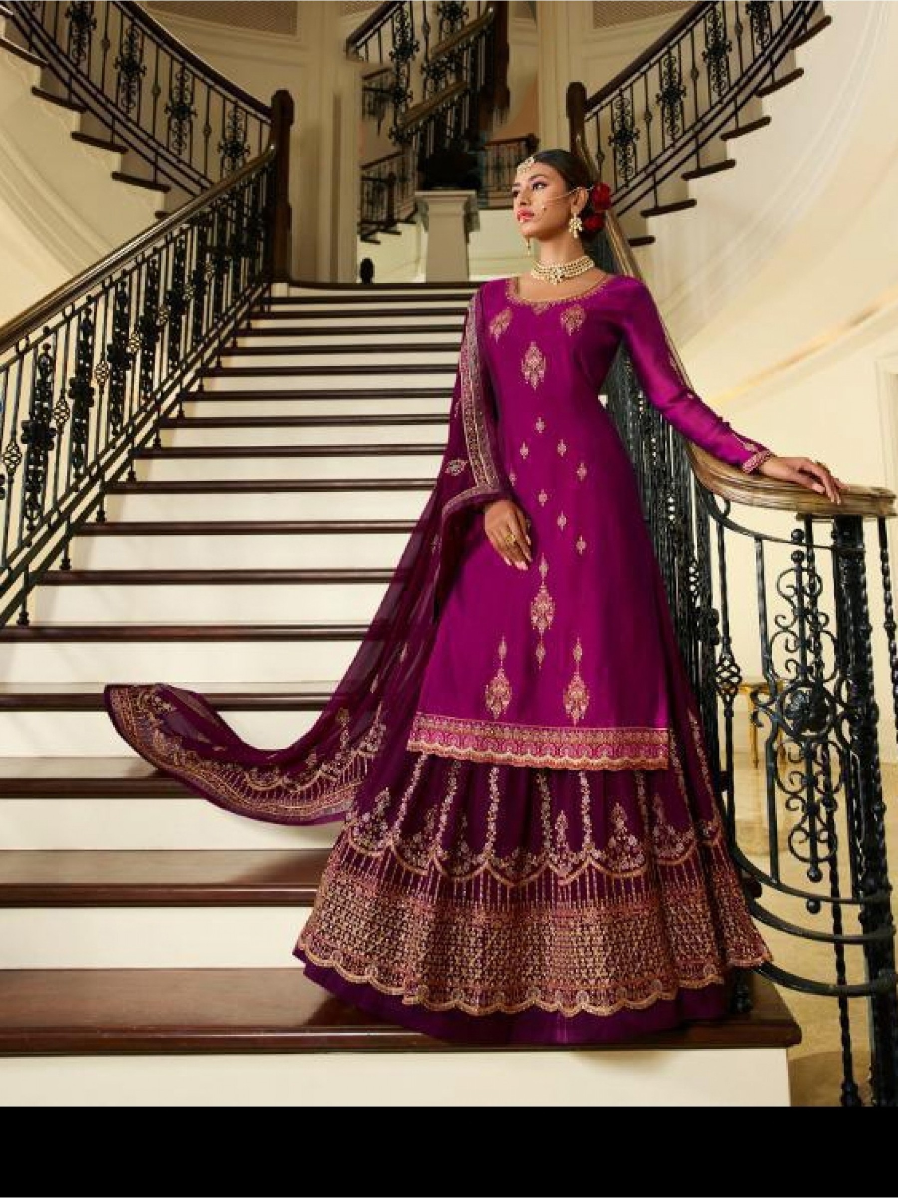 Real Silk Georgette Readymade Sharara Magenta  Color With Embroidery