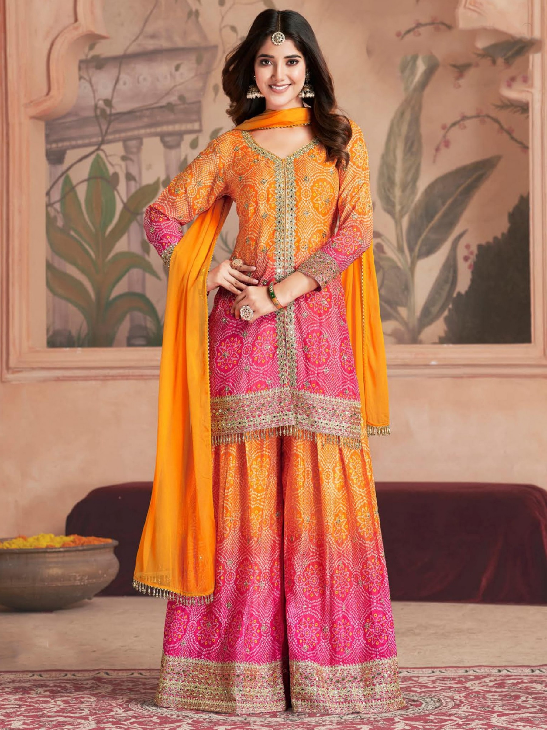 Premium Real Chinon Silk Party Wear Sharara Suit Yellow Color with Embroidery Work