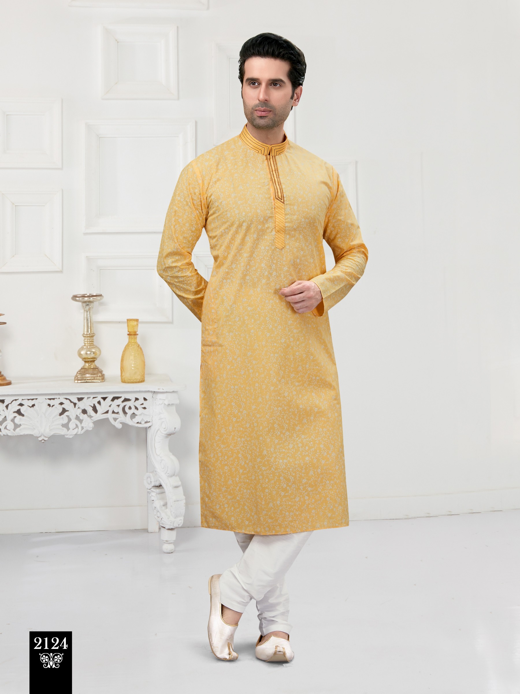 Cotton Silk Printed Readymade Kurta set in Light Yellow