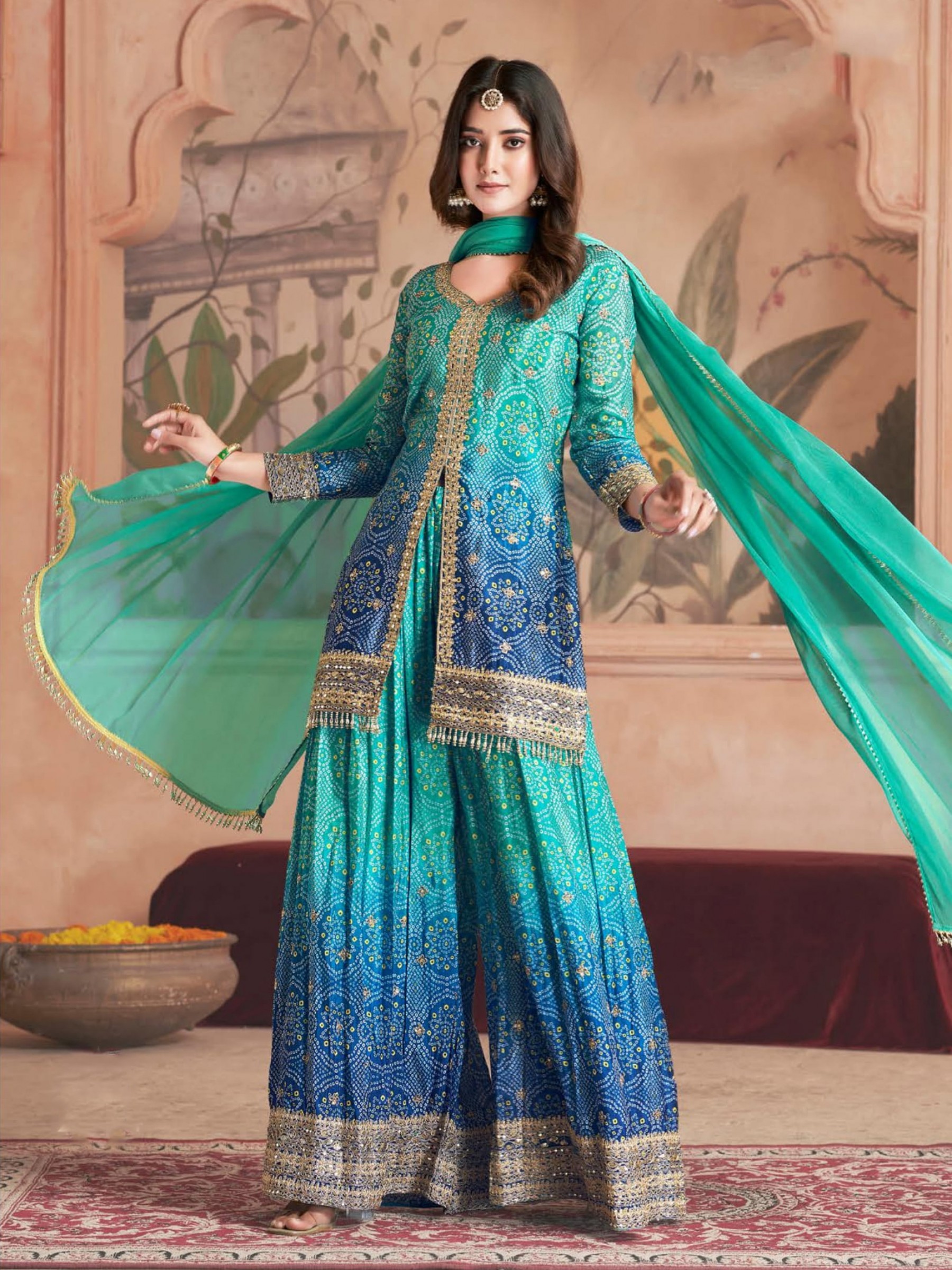Premium Real Chinon Silk Party Wear Sharara Suit Blue Color with Embroidery Work
