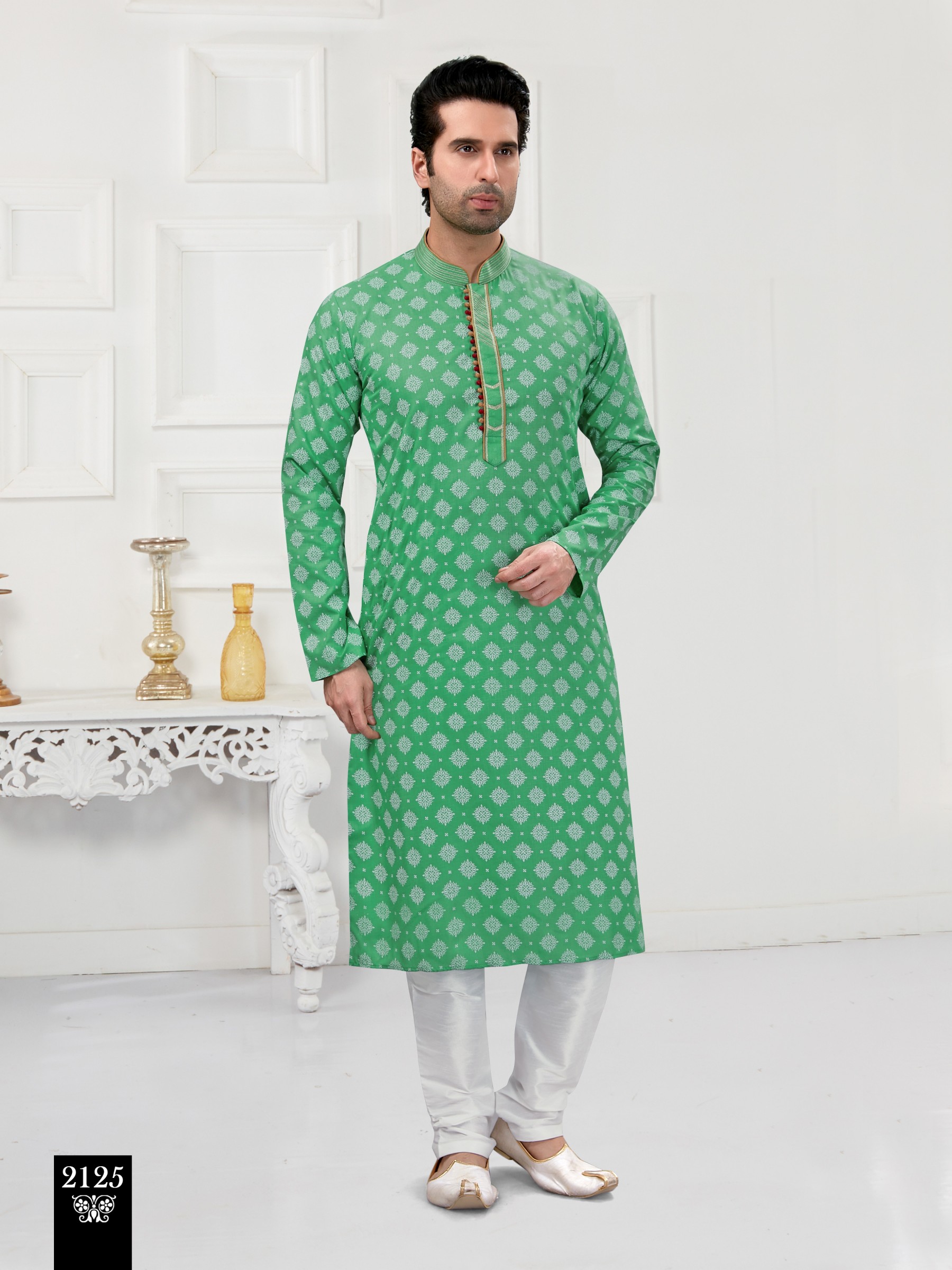 Cotton Silk Printed Readymade Kurta set in Pastel Green