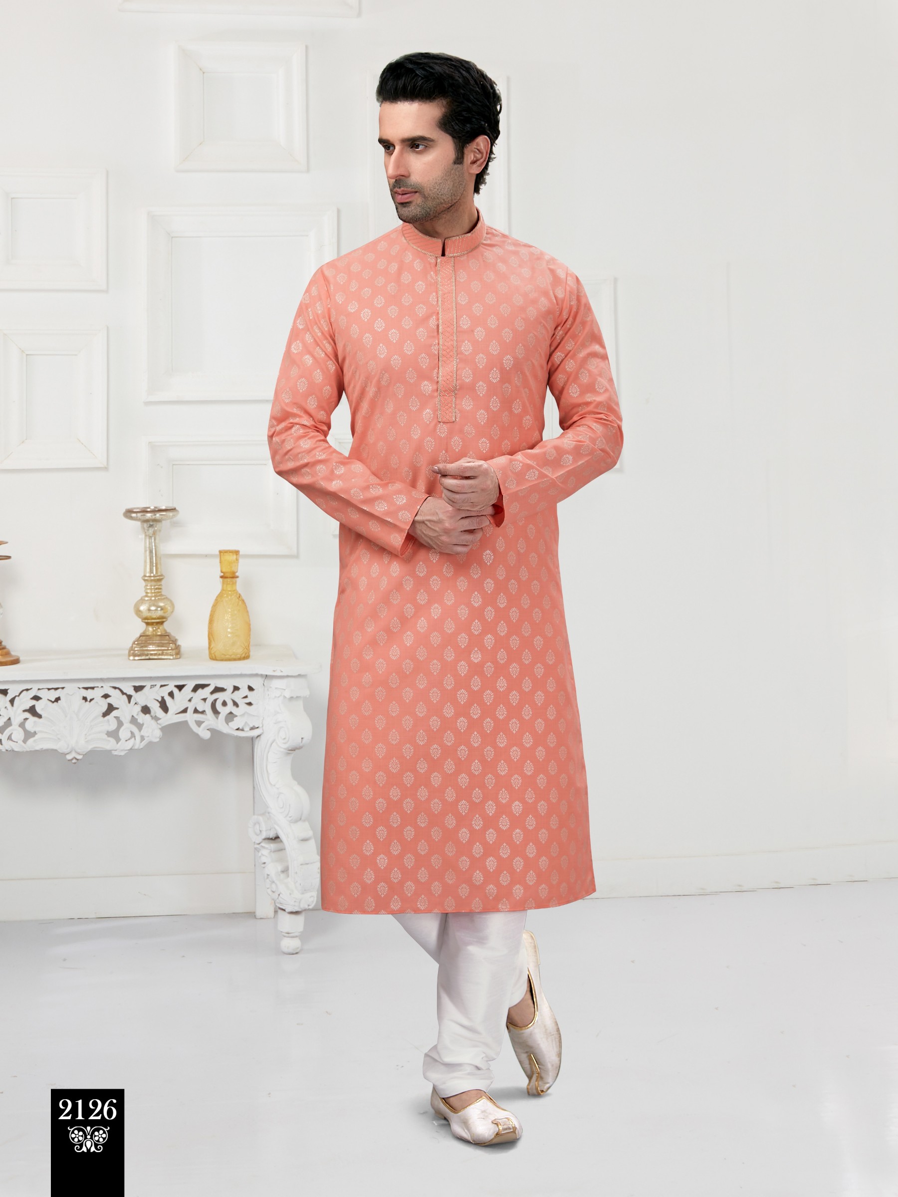 Cotton Silk Printed Readymade Kurta set in Peach 