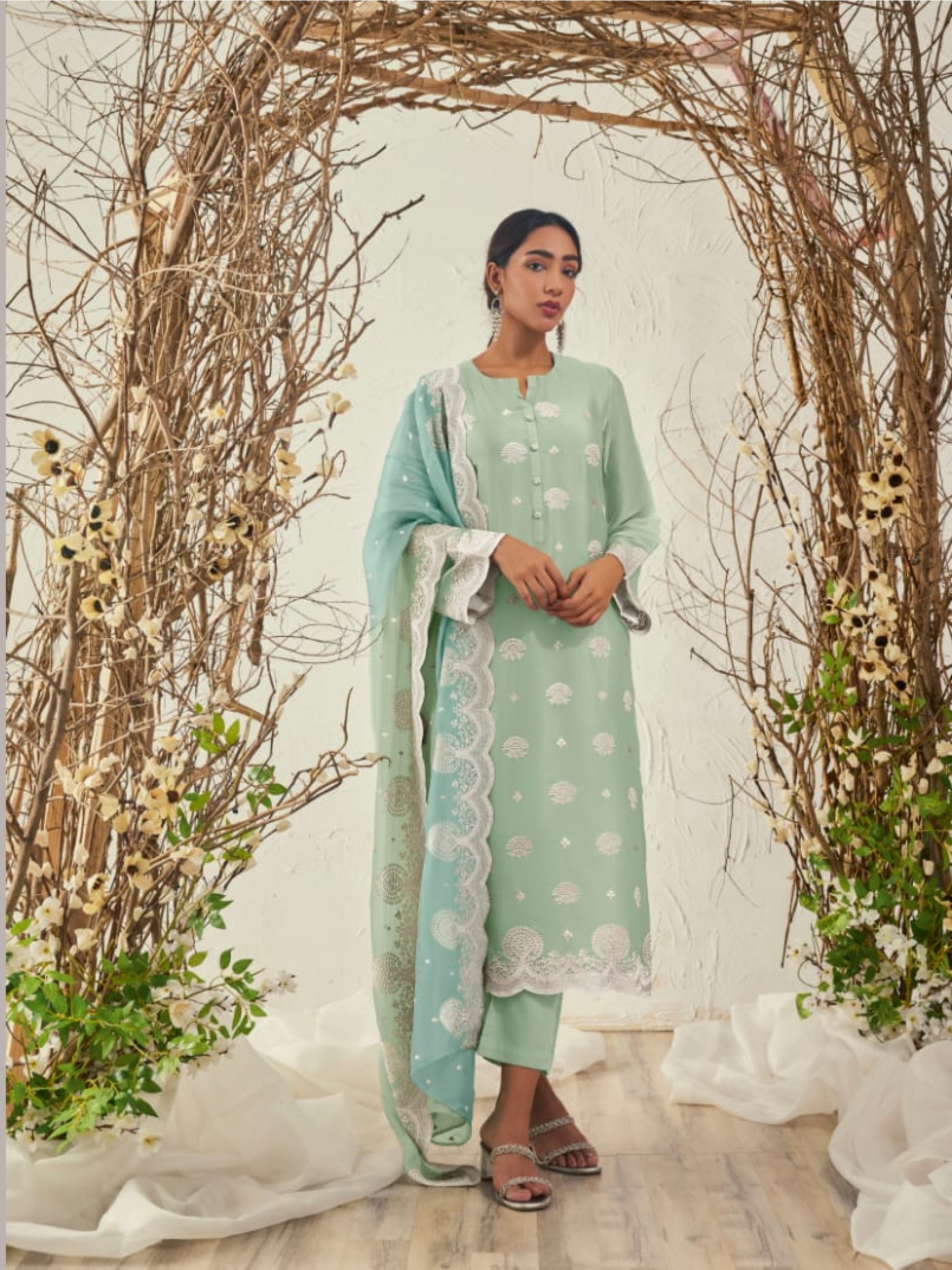 Organza Silk Party Wear  Suit  in Sea Green Color with  Embroidery Work
