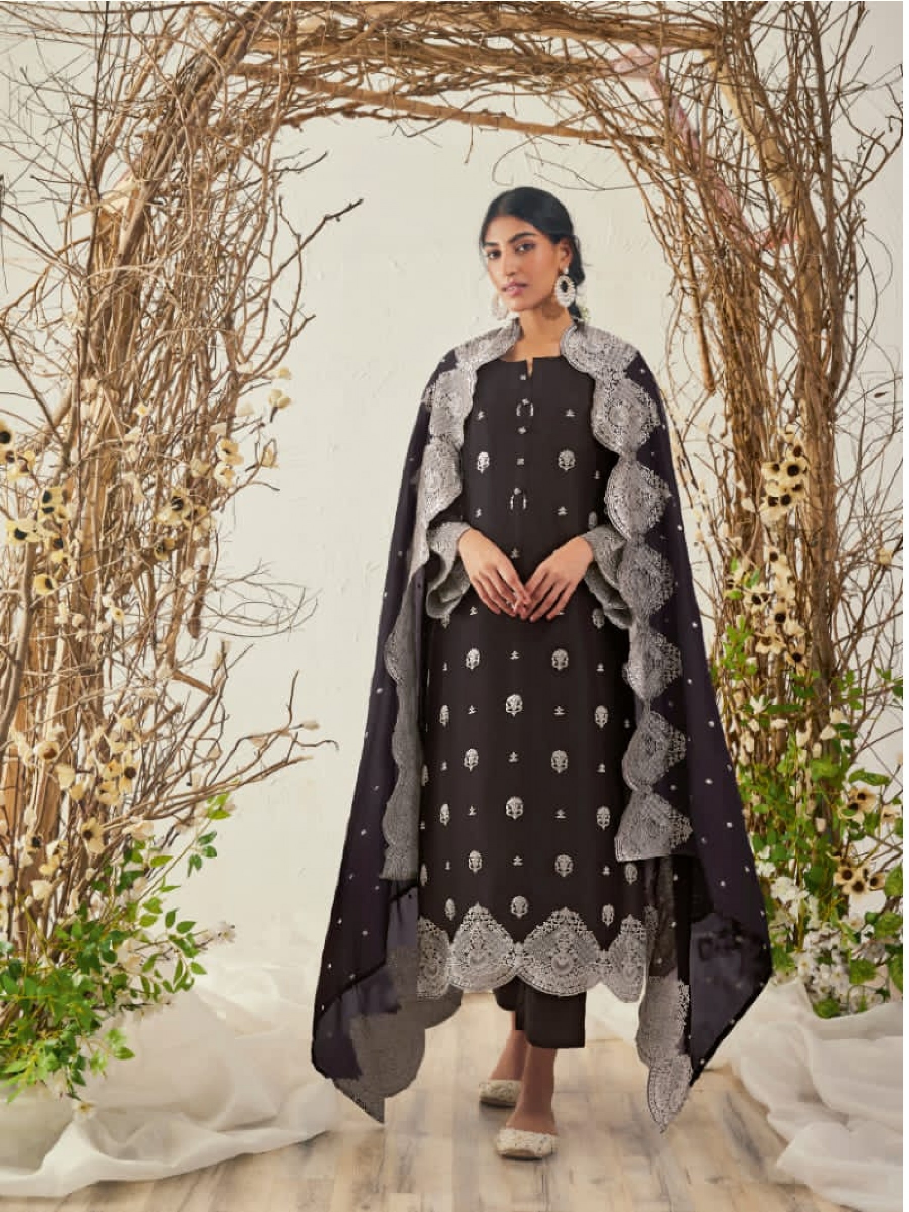 Organza Silk Party Wear  Suit  in Black Color with  Embroidery Work