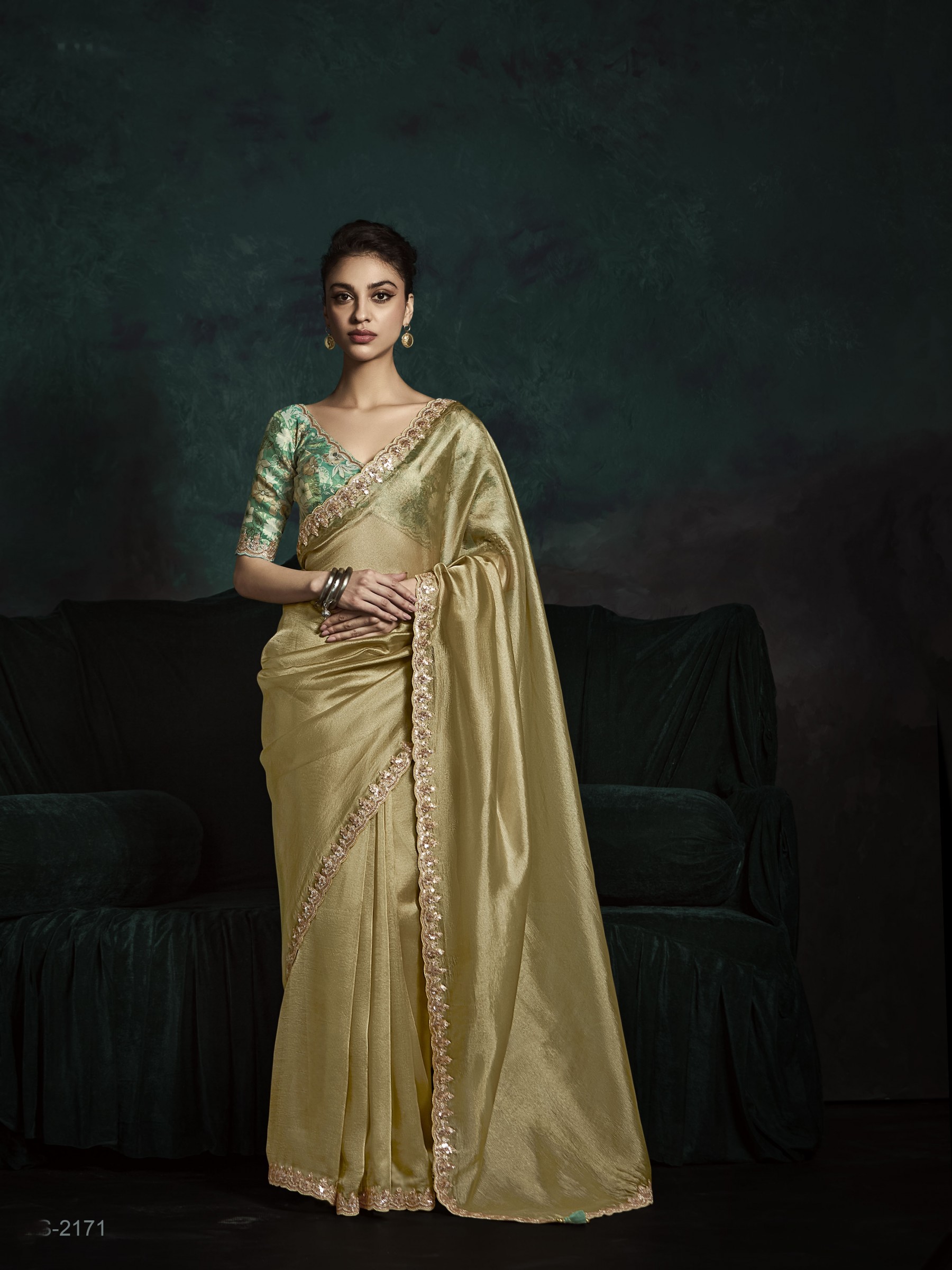 Fancy Silk Party wear Saree Golden Color with Embroidery Work