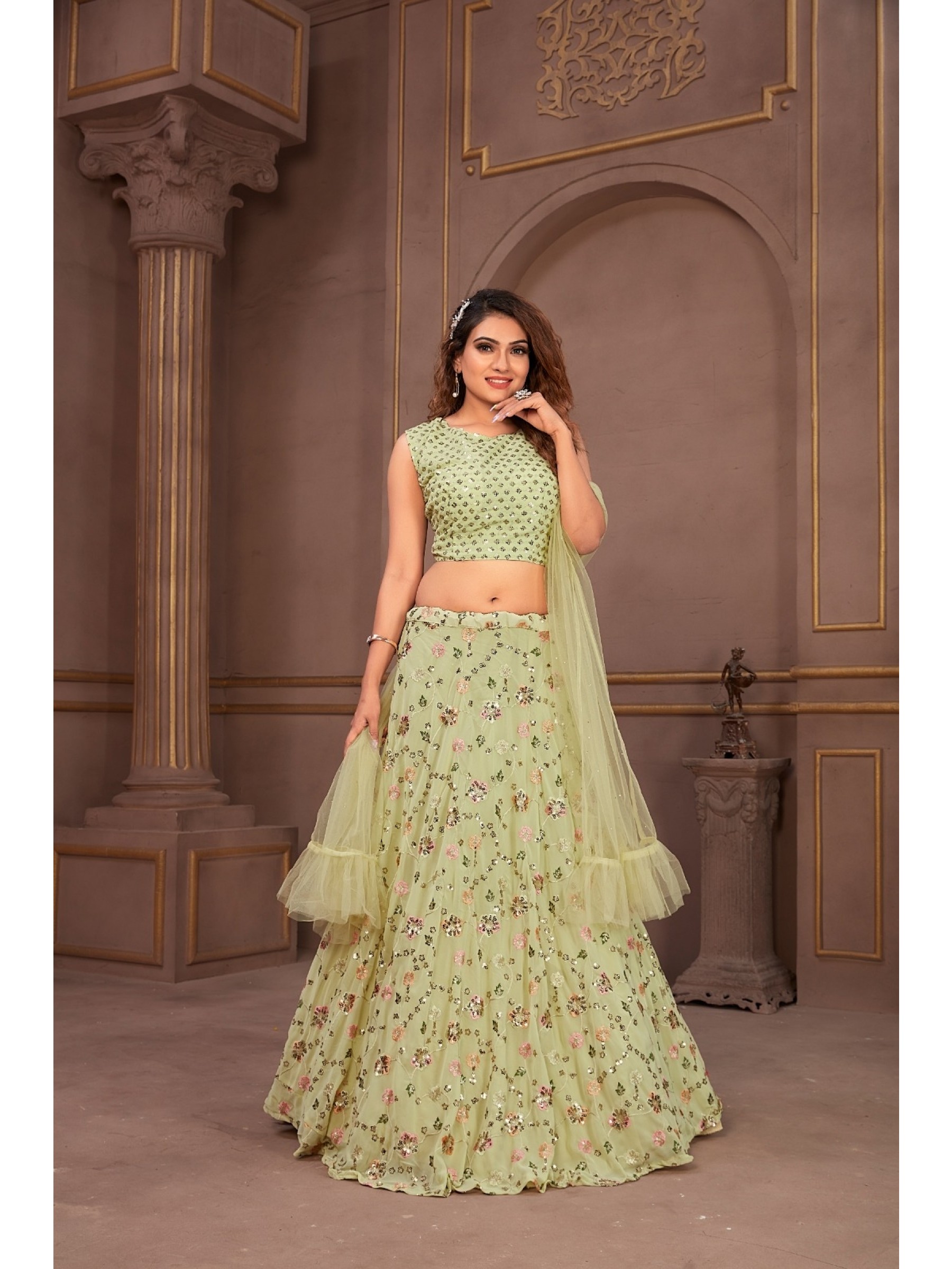 Viscose Georgette Fabrics Party Wear Lehenga in Green Color With Embroidery  