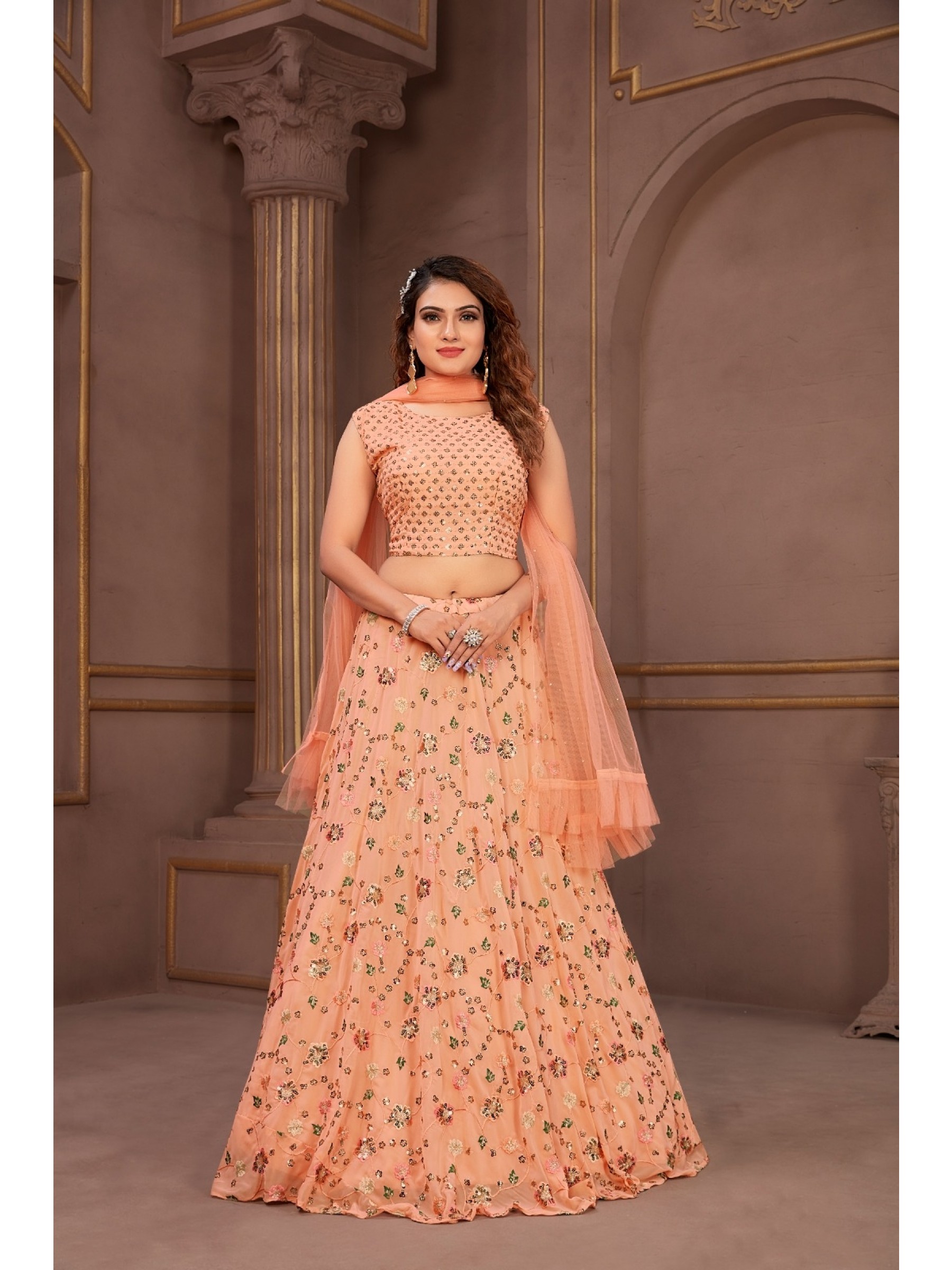 Viscose Georgette Fabrics Party Wear Lehenga in Peach Color With Embroidery  