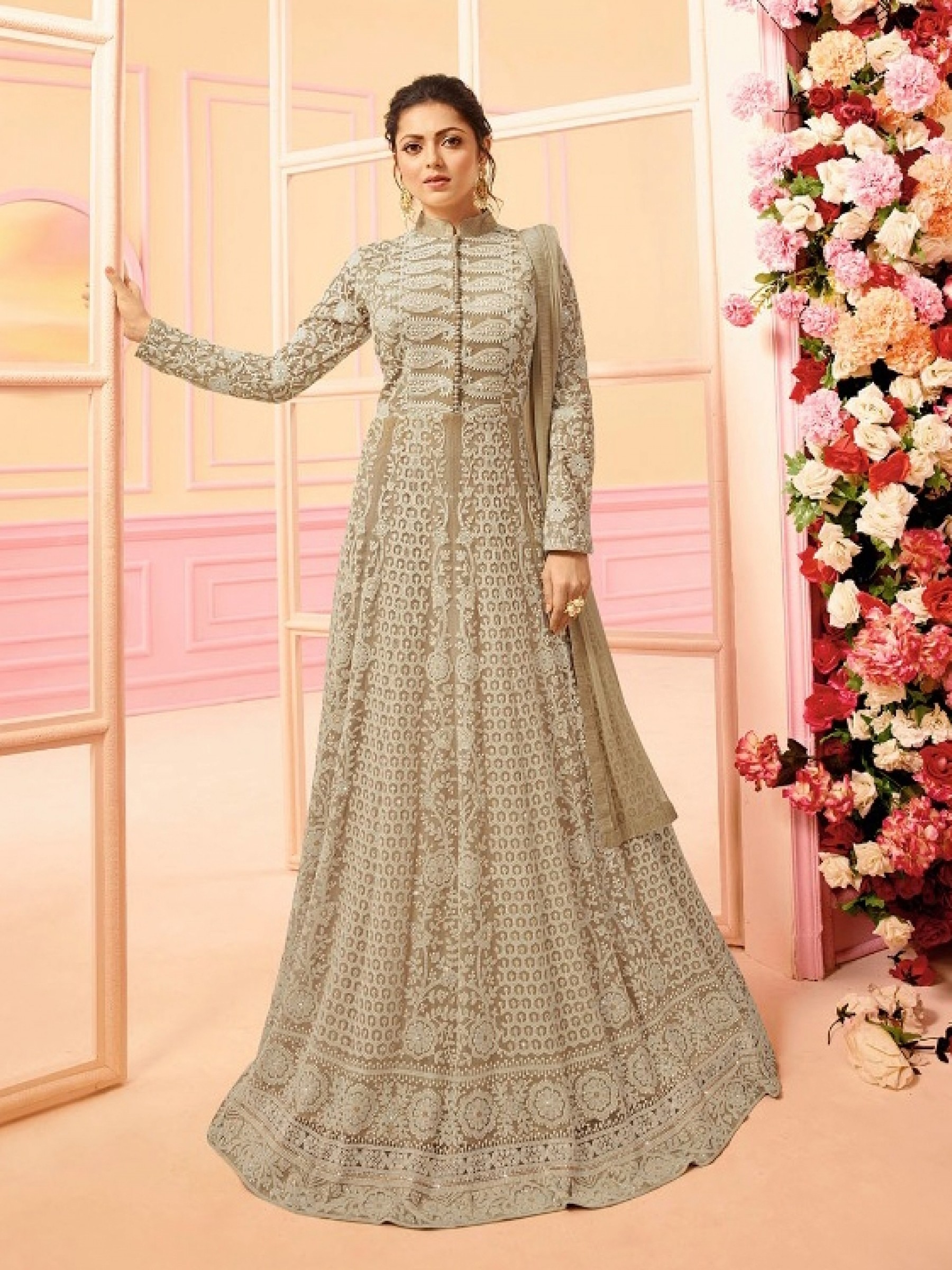 Soft Butter Net Party Wear  Readymade Gown In Cream With Embroidery & Stone Work