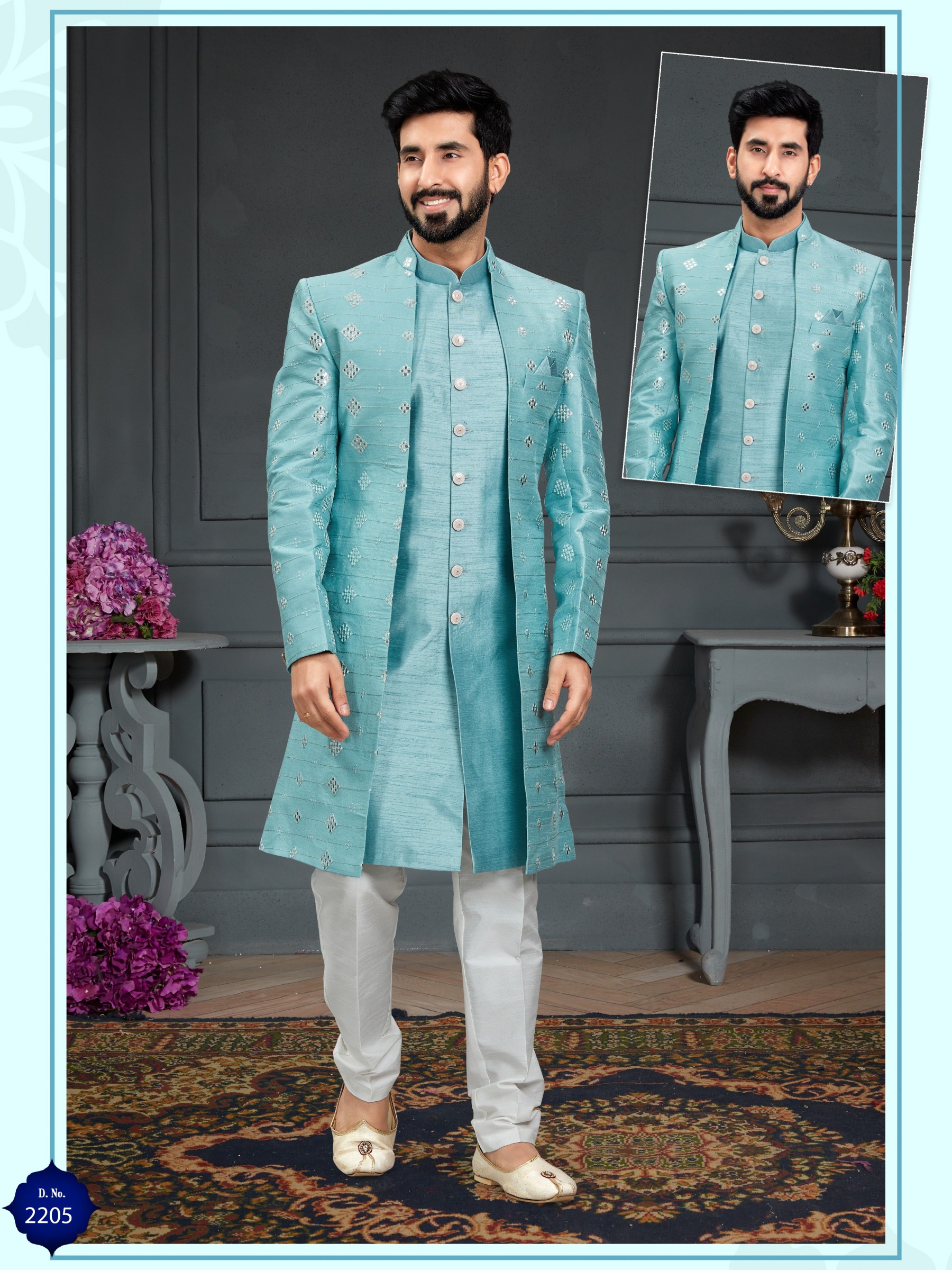 Heavy Imported Silk IndoWestern Dress in Sky Blue With Embordiery & Mirror Work 