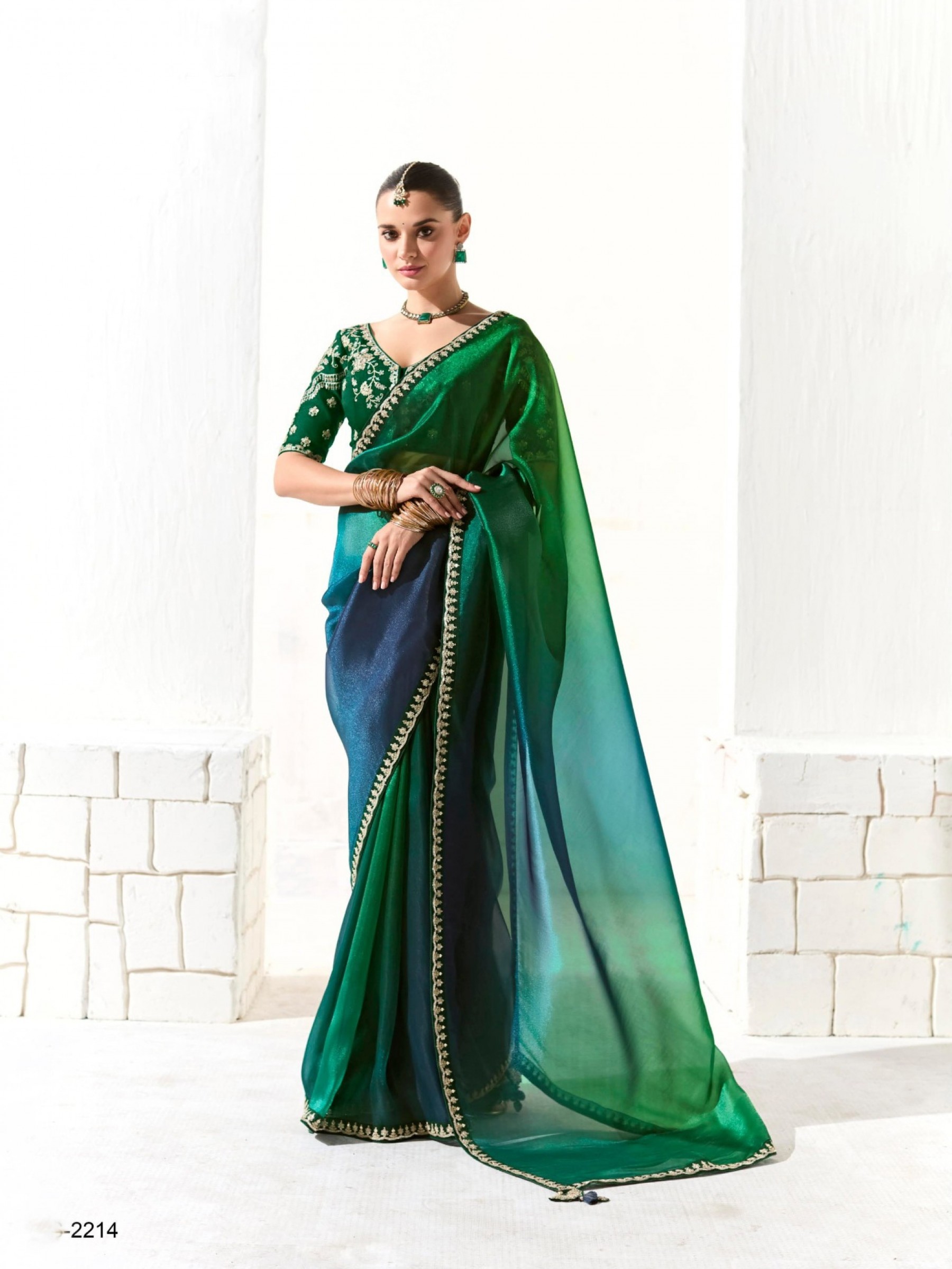 Organza Tissue Silk Party wear Saree In Green With Embroidery Work