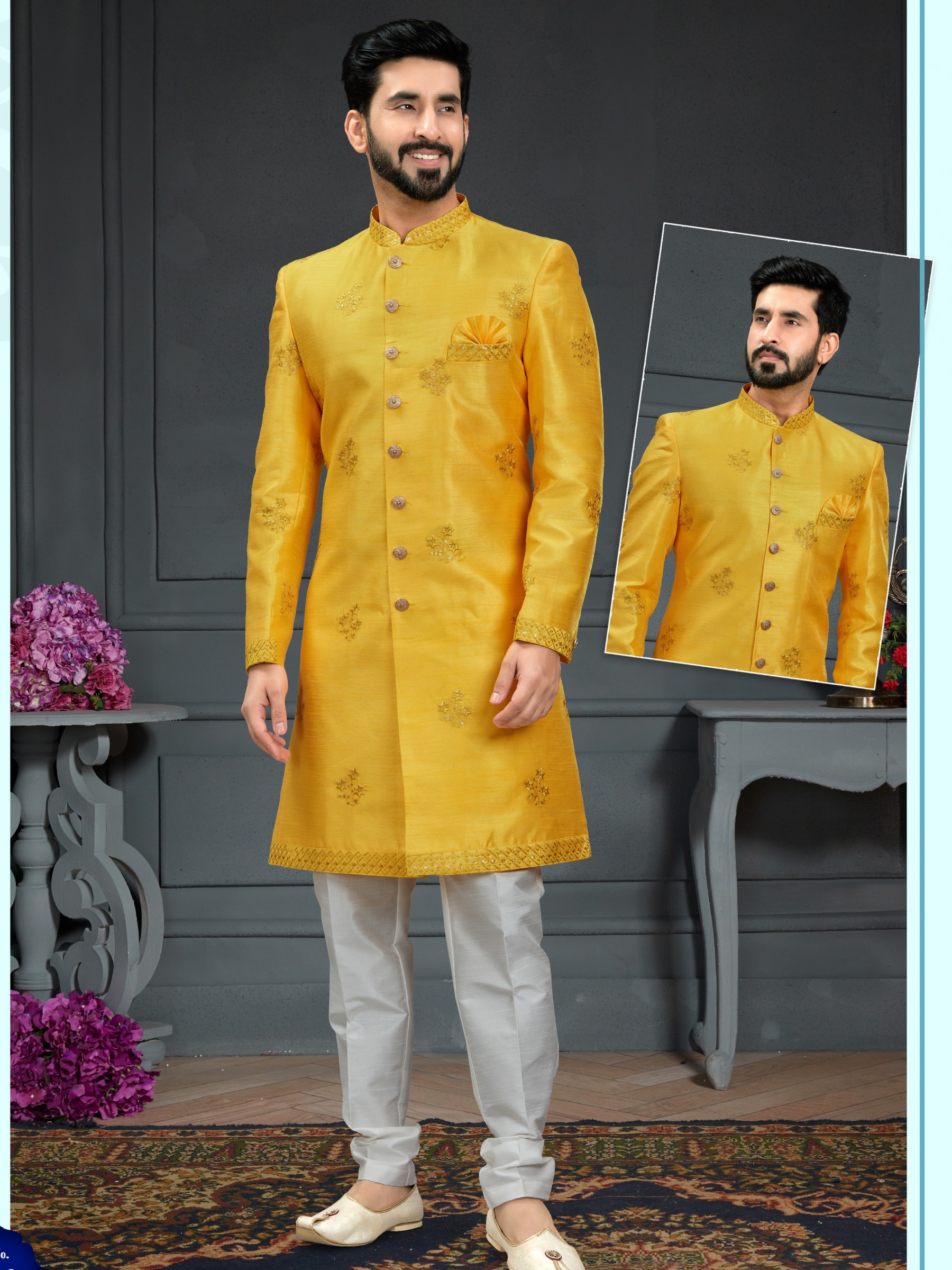 Heavy Imported Silk IndoWestern Ready Made Dress in Yellow With Embordiery Work 