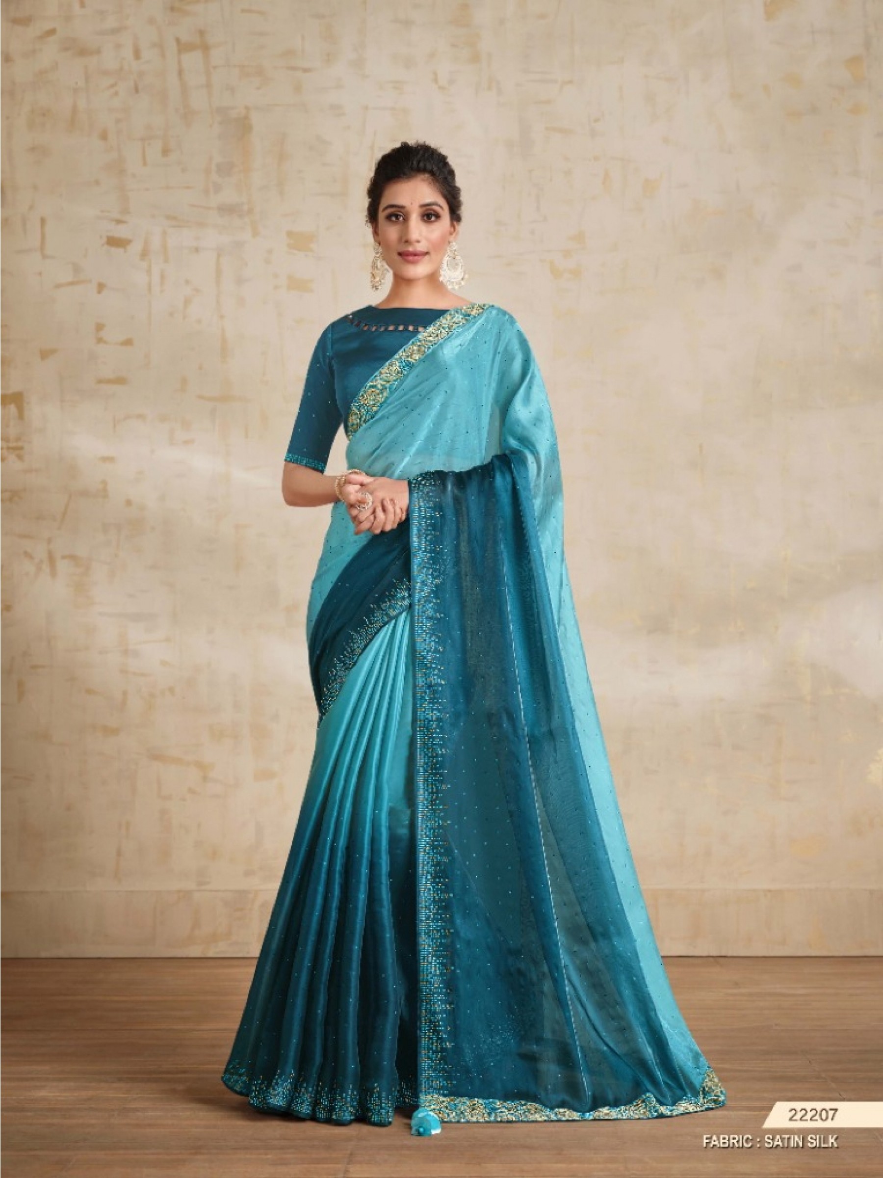 Sateen Silk  Saree In Blue Color With Embroidery Work
