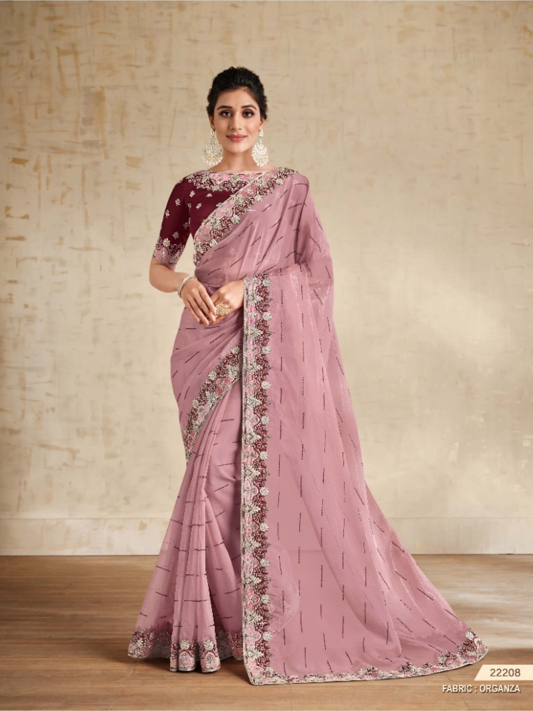 Organza Silk  Saree In Pink Color With Embroidery Work