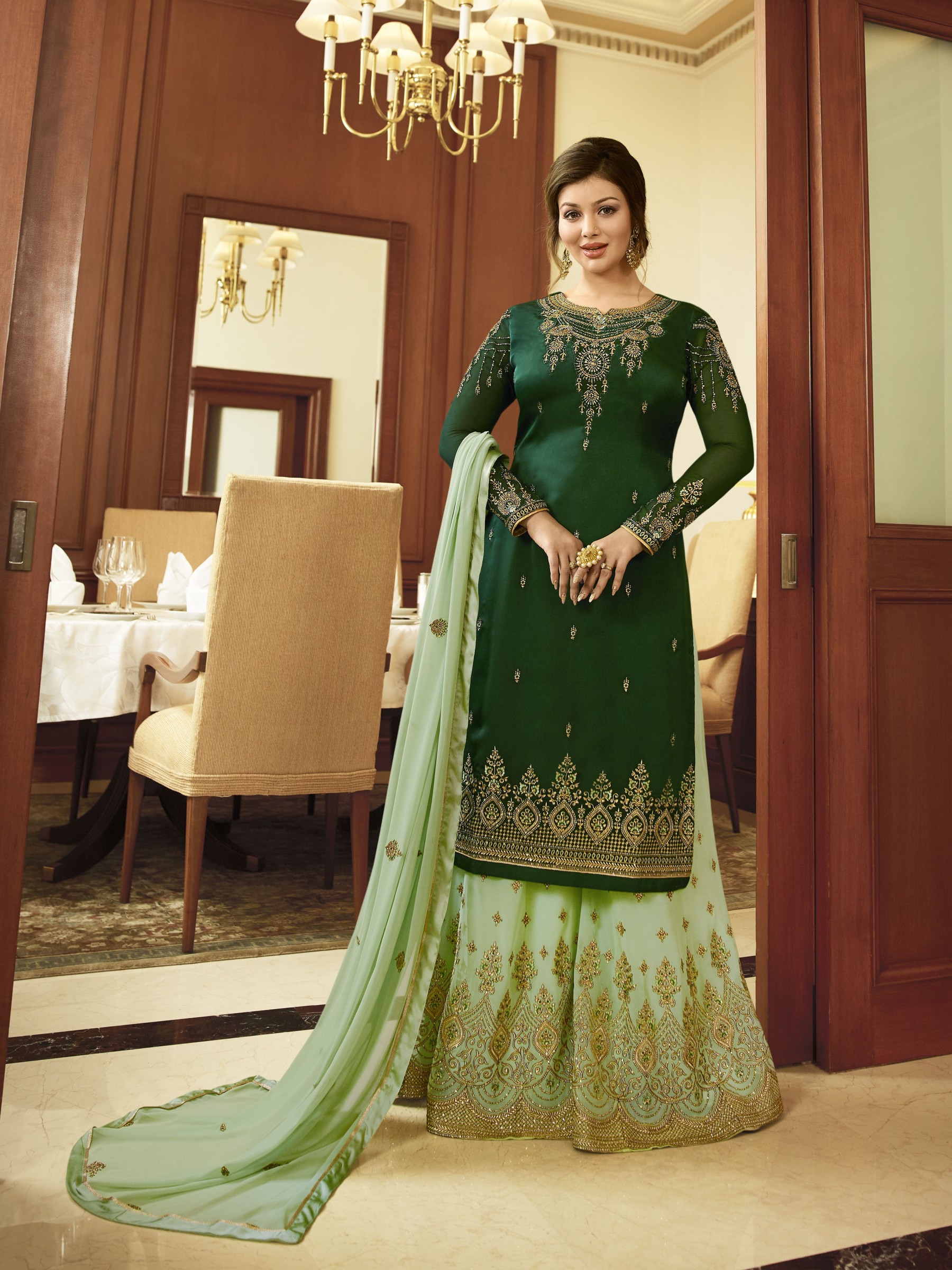 Satin Georgette Party Wear Sharara In Green & Light Green With Embroidery Work