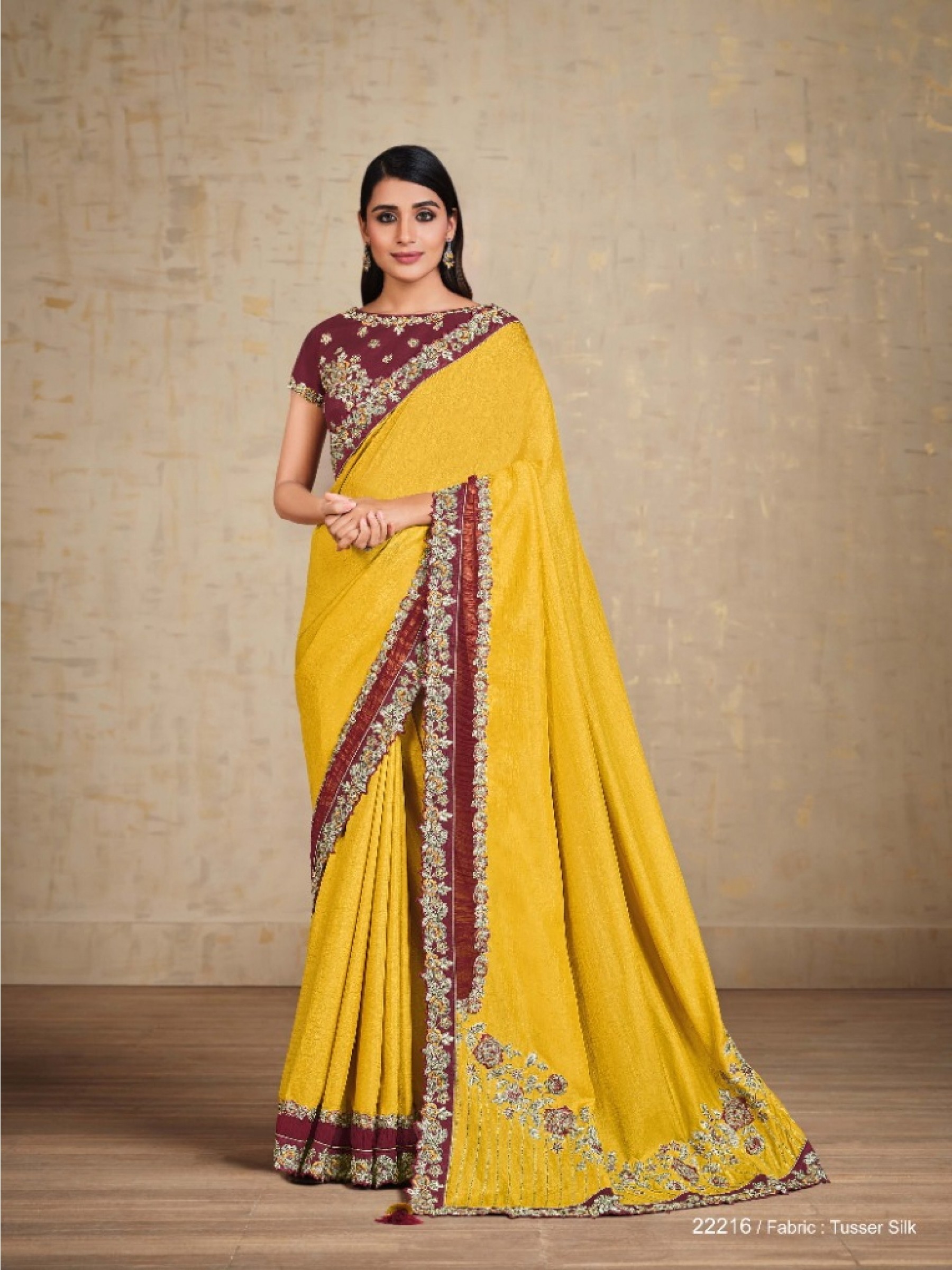 Tusser Silk Georgette  Saree In Yellow Color With Embroidery Work
