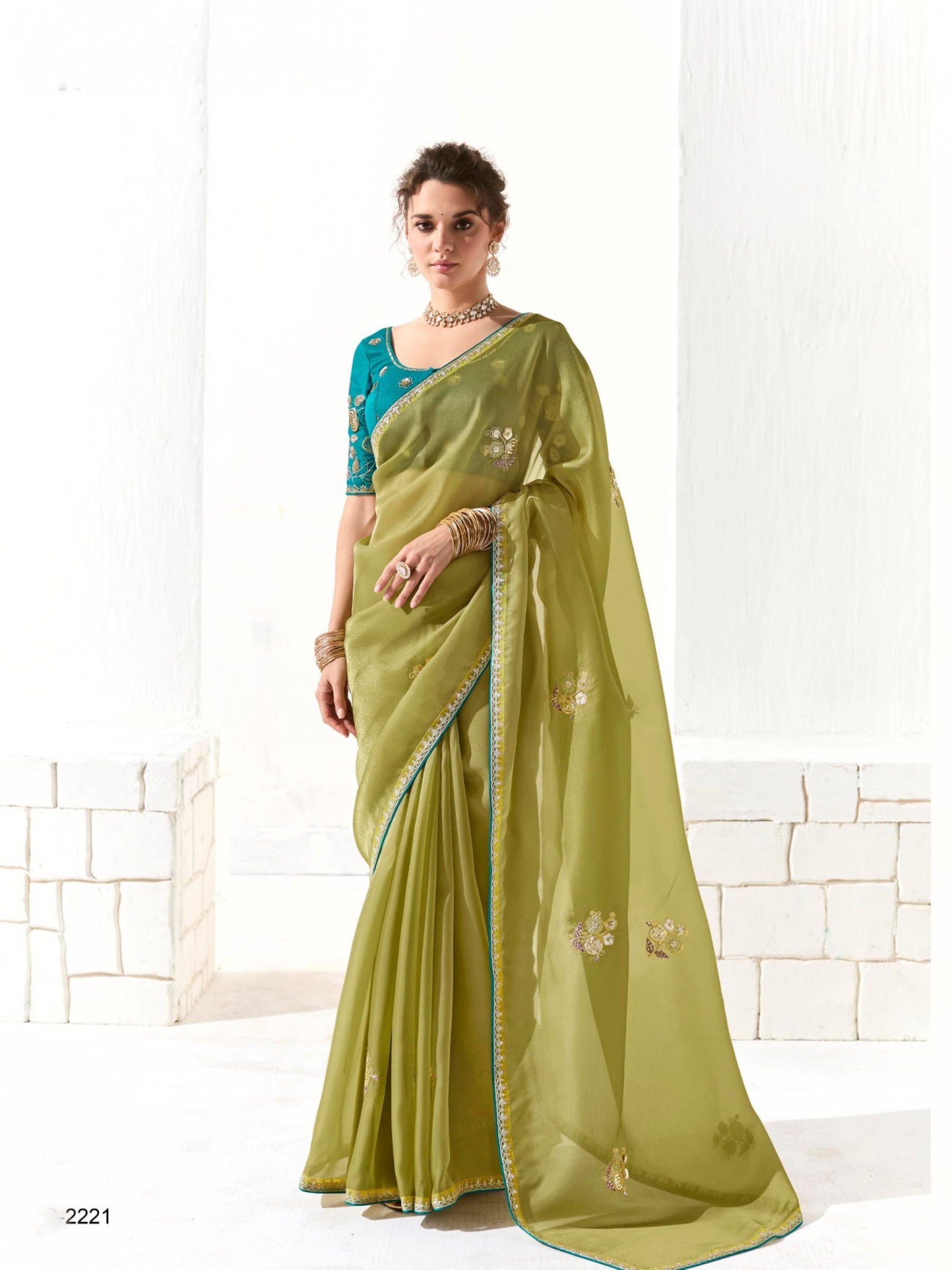 Organza Tissue Silk Party wear Saree In Lemon With Embroidery Work
