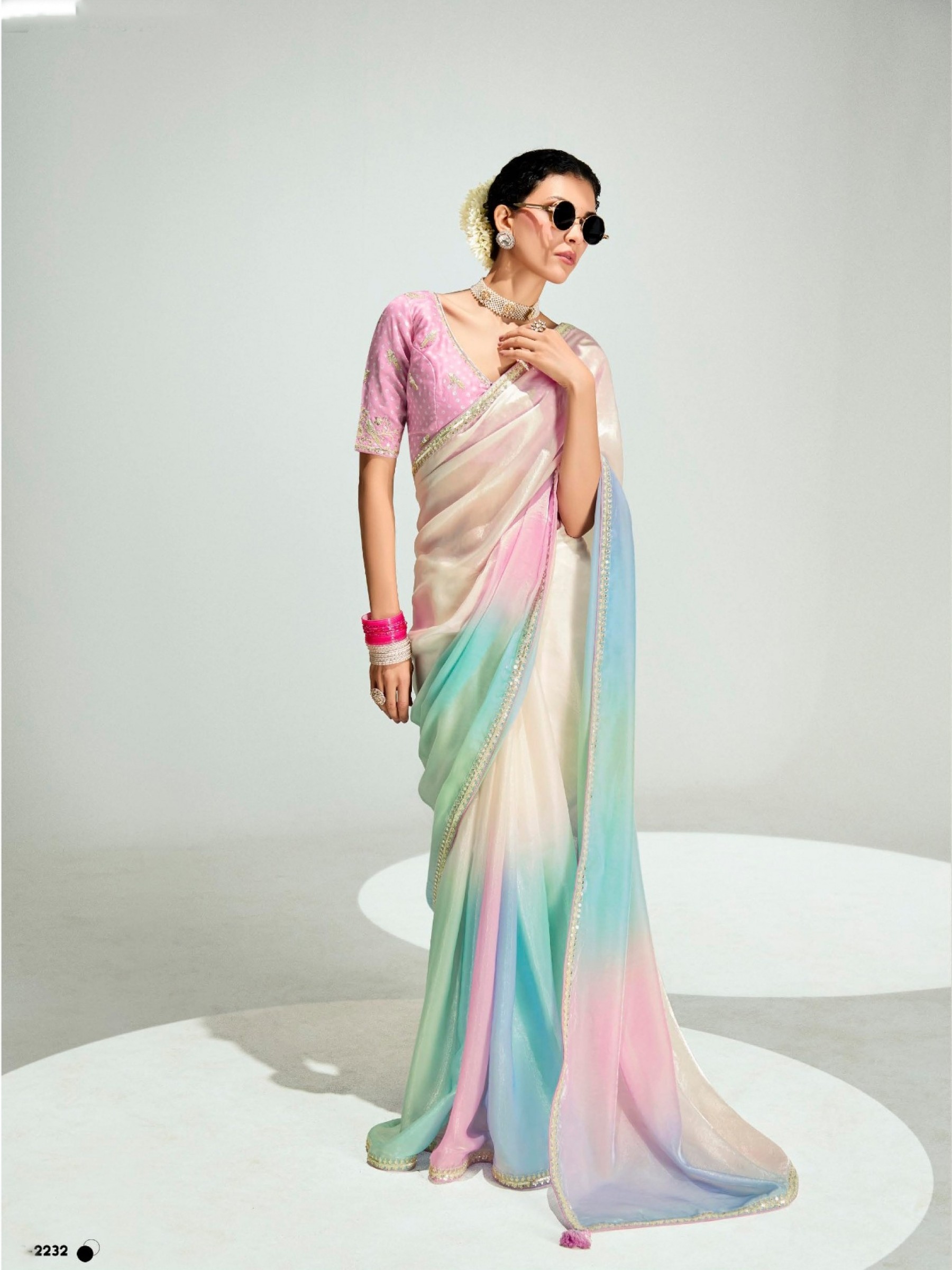 Organza Silk Party Wear Saree In Multi Color with Embroidery Work