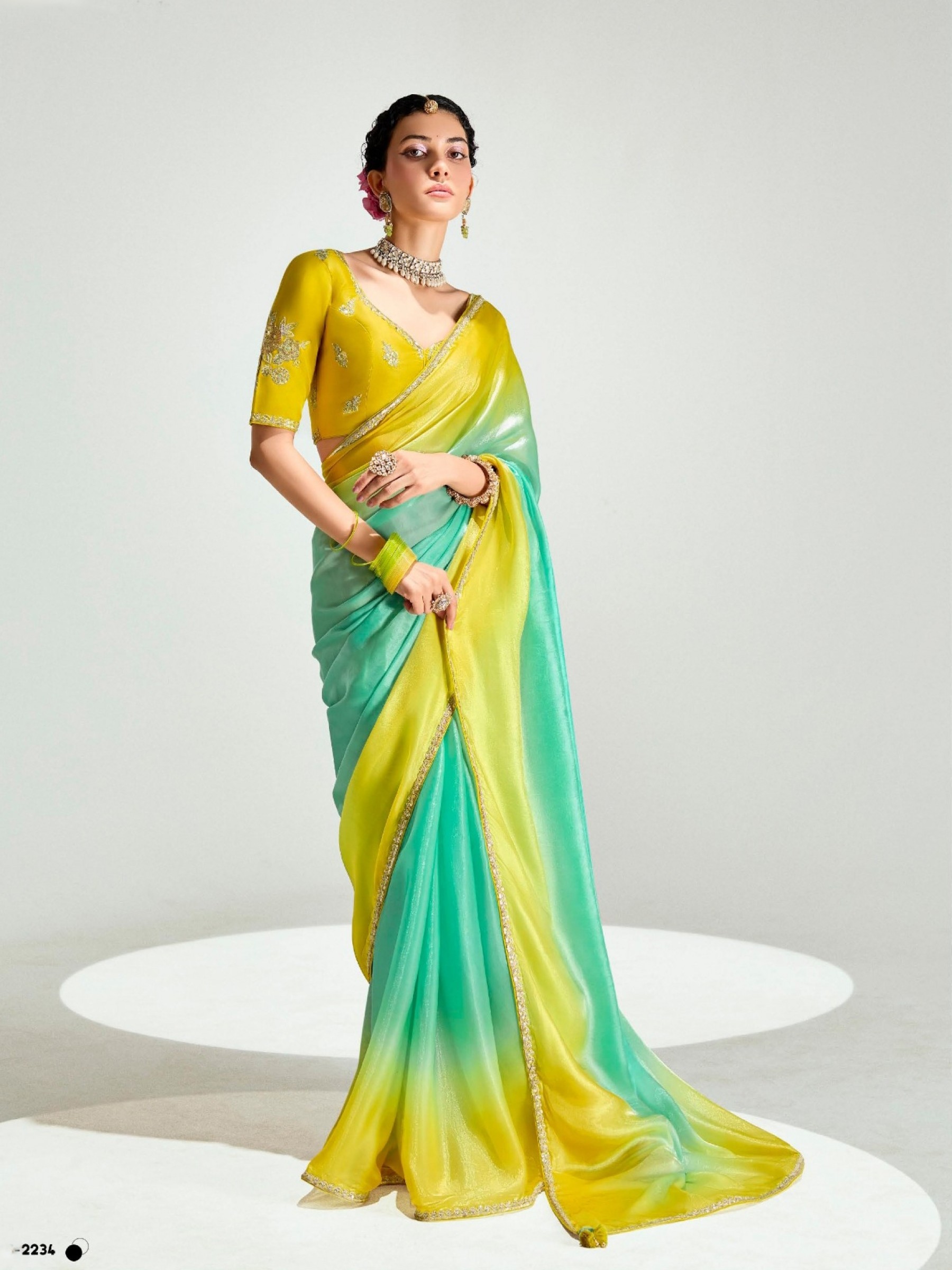 Organza Silk Party Wear Saree In Green & Yellow Color with Embroidery Work