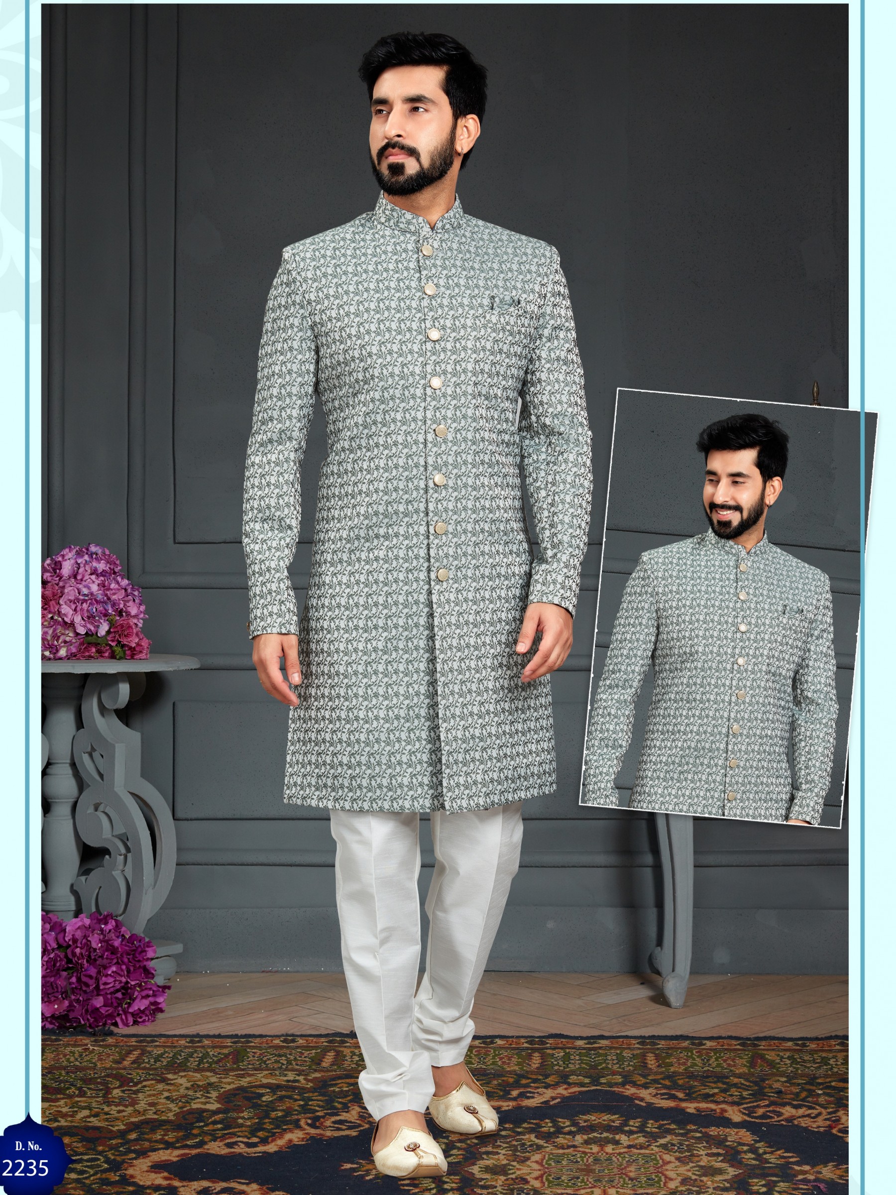 Heavy Imported Jacquard Silk IndoWestern Ready Made Dress in Dusty Green