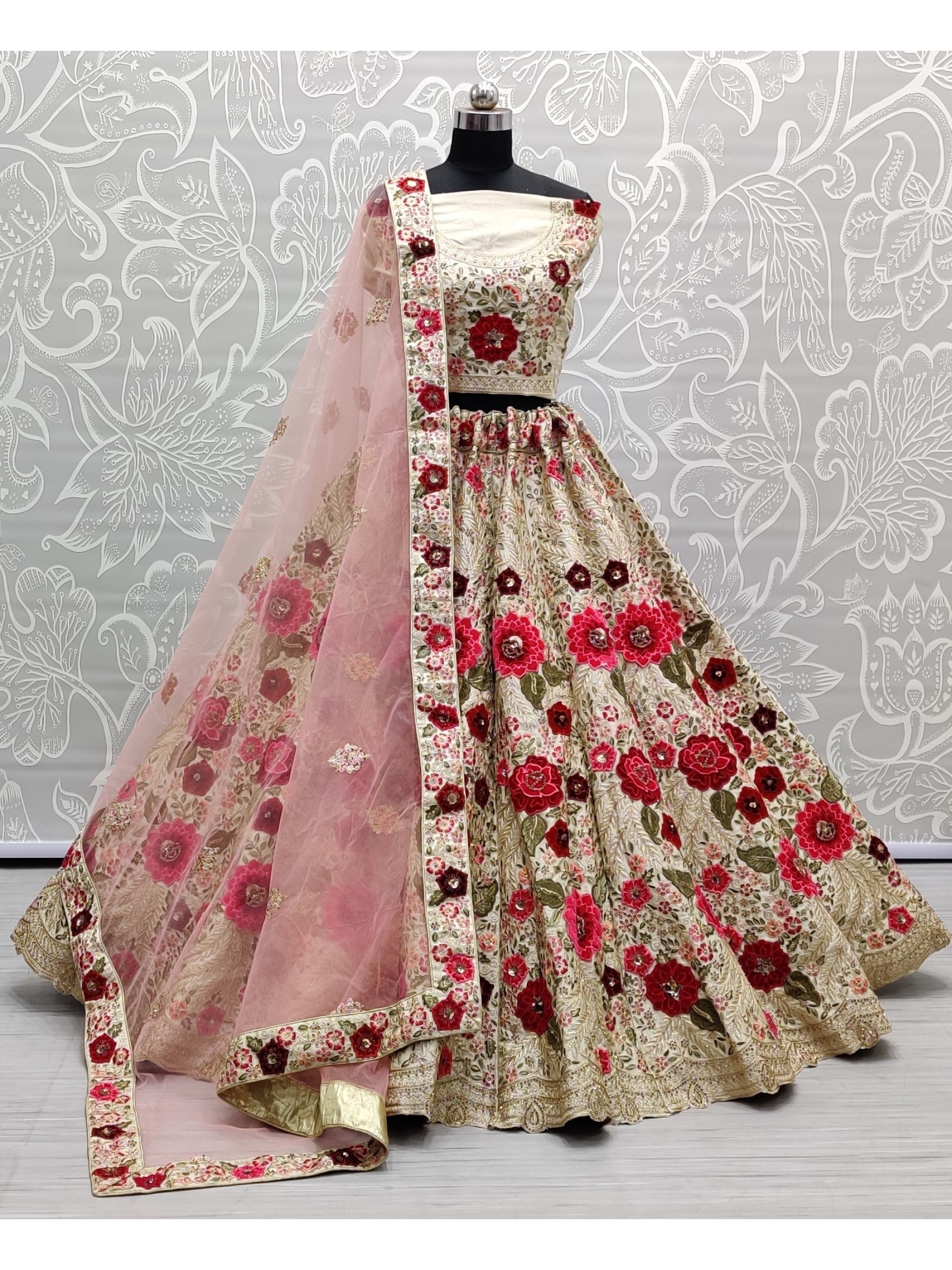 Pure  Silk Wedding Wear Lehenga In Cream Color With Embroidery Work 