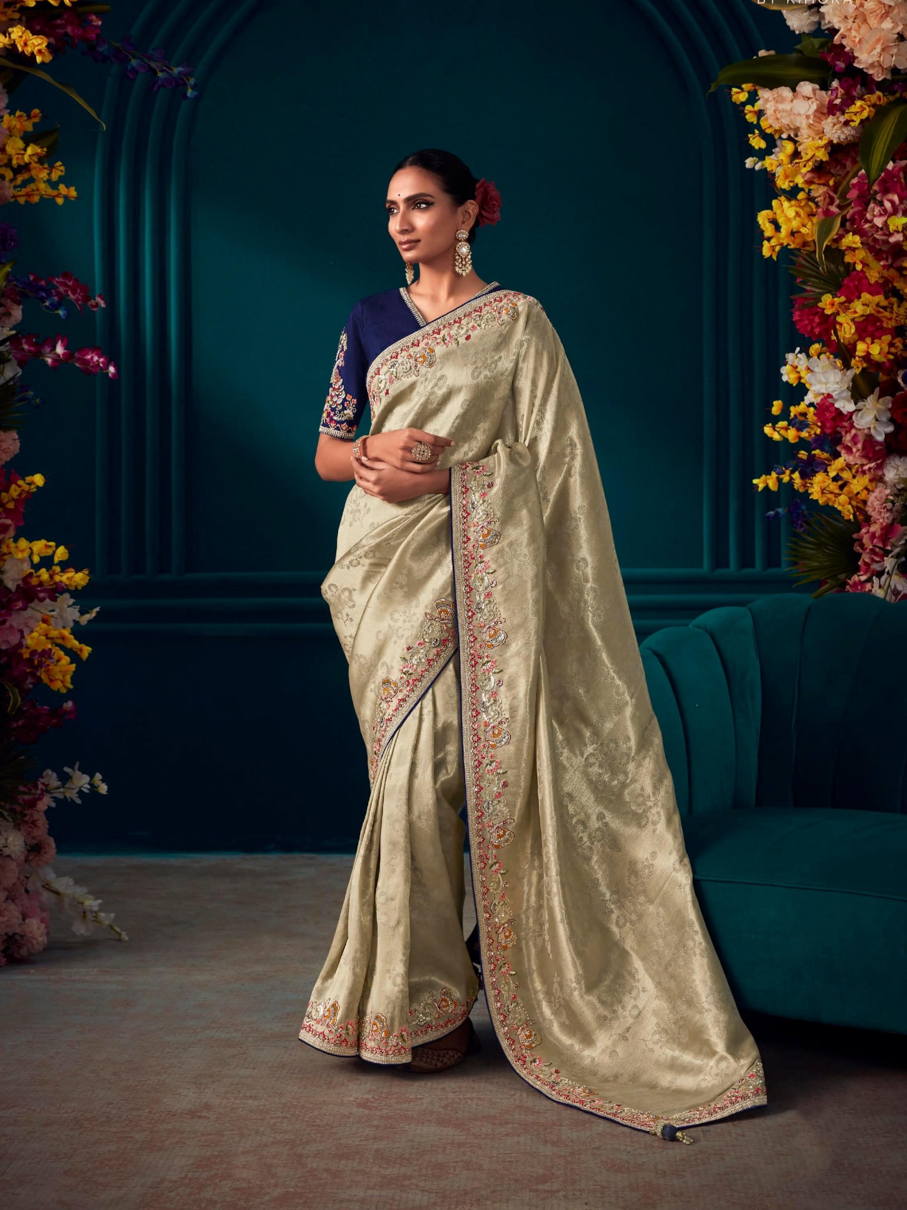  Pure Silk Saree In Silver Color With Embroidery  Work