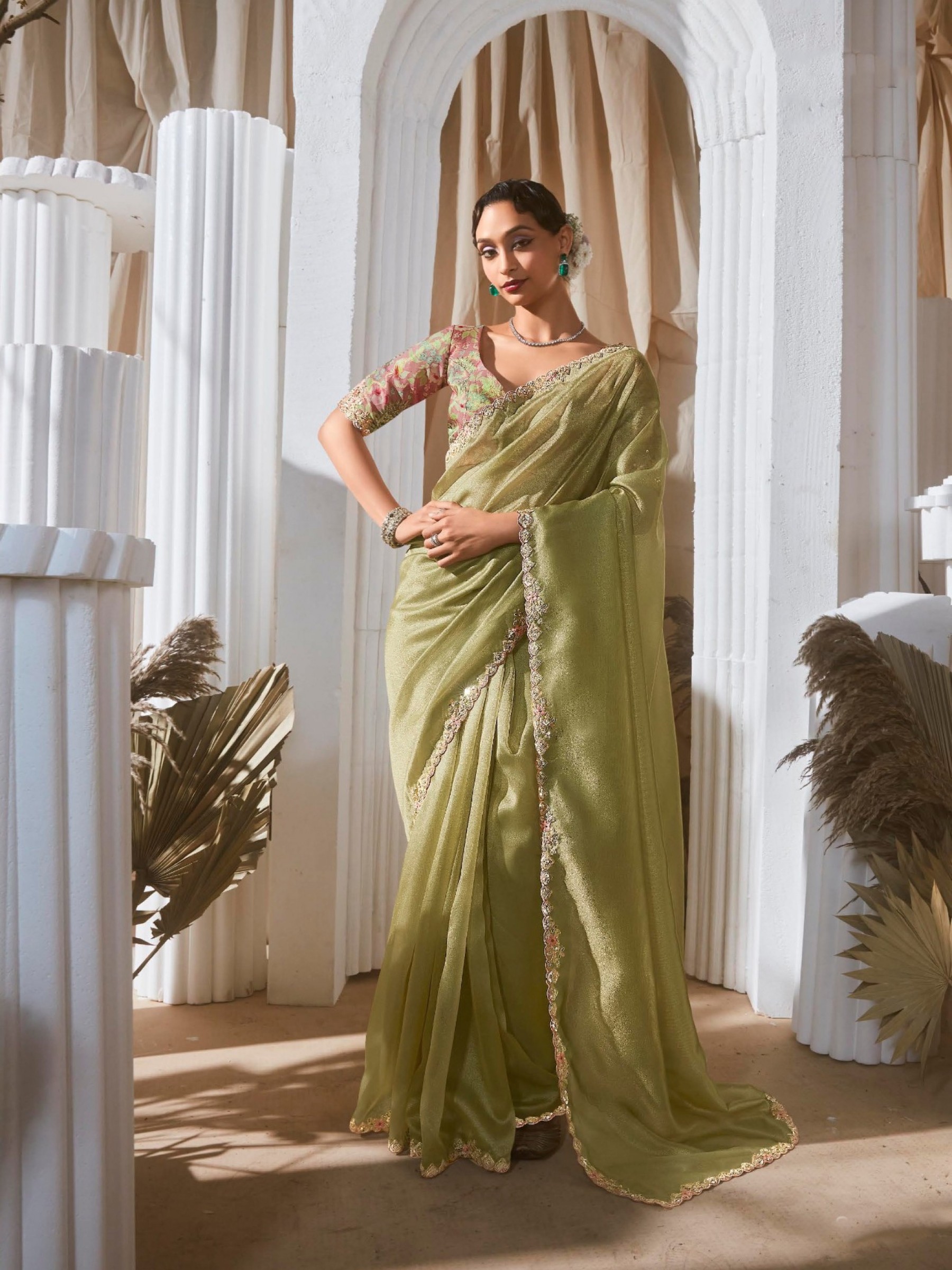 Fancy Silk Party wear Saree In Lime Green Color With Embroidery Work